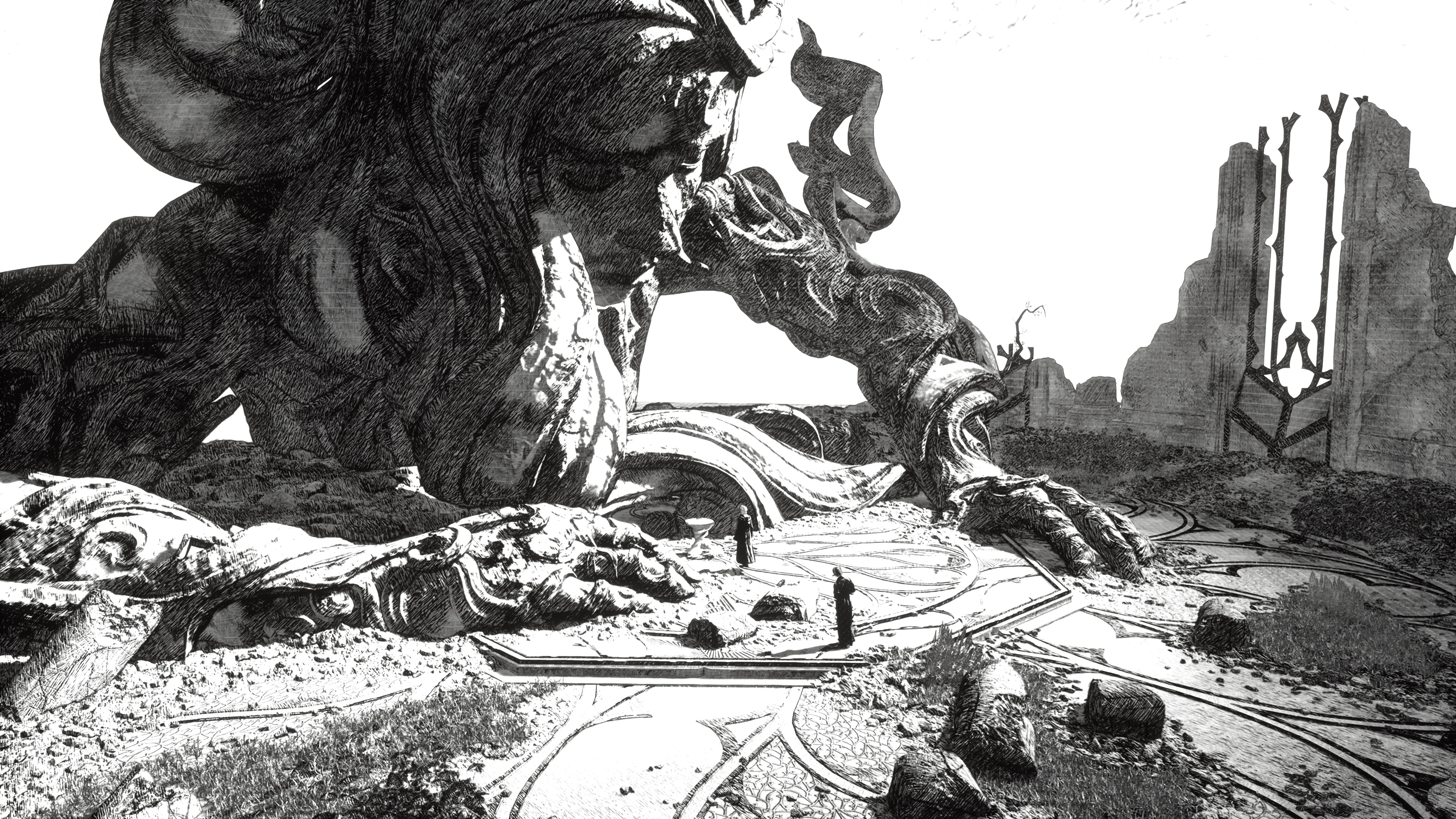 Monochrome sketch of a giant statue and ruins HD Wallpaper