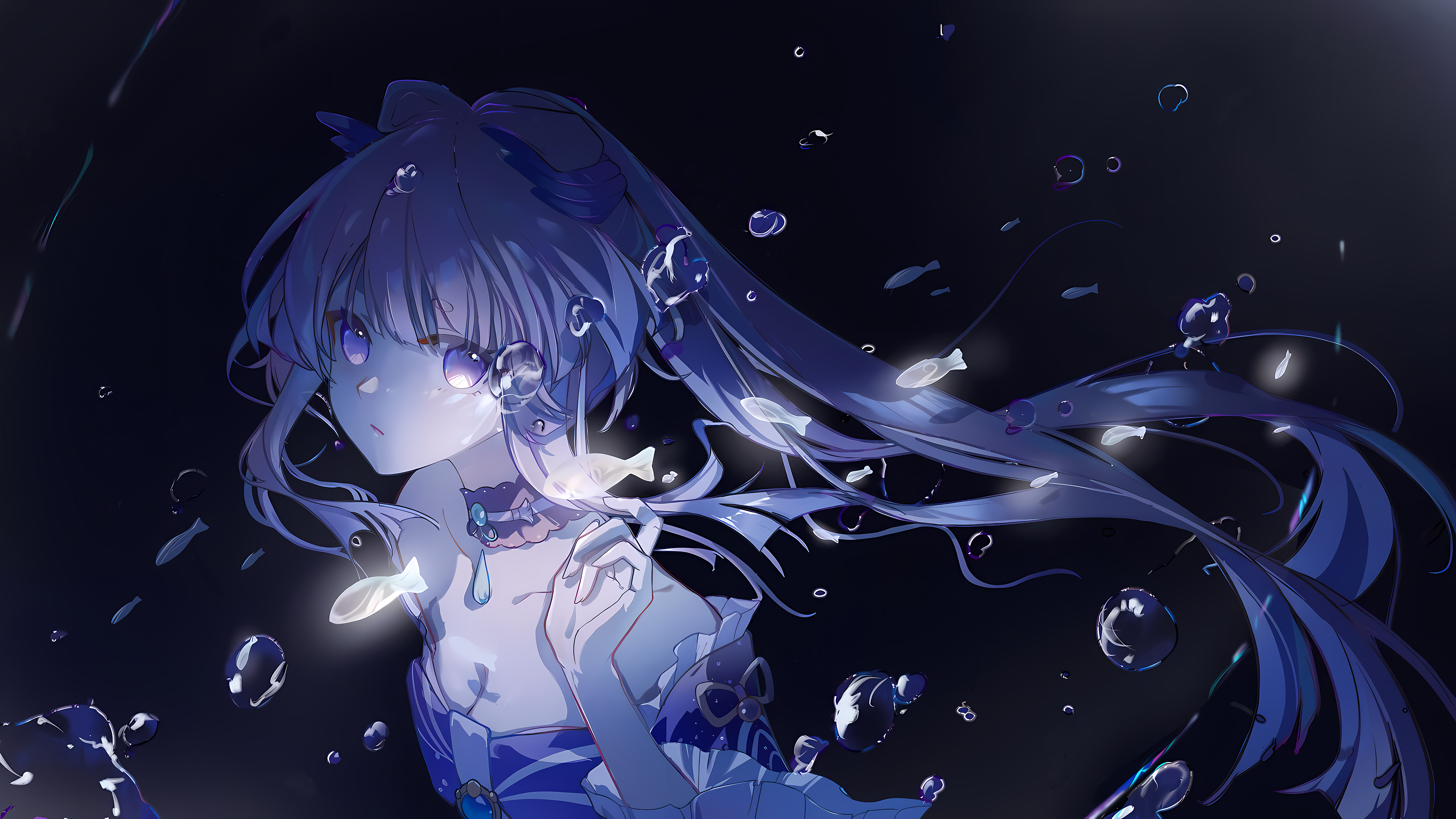 4K Sangonomiya Kokomi with fish and water drops HD Wallpaper