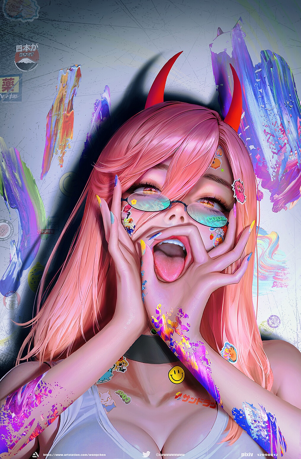 Woman with pink hair and devil horns, colorful paint splatters HD Phone Wallpaper