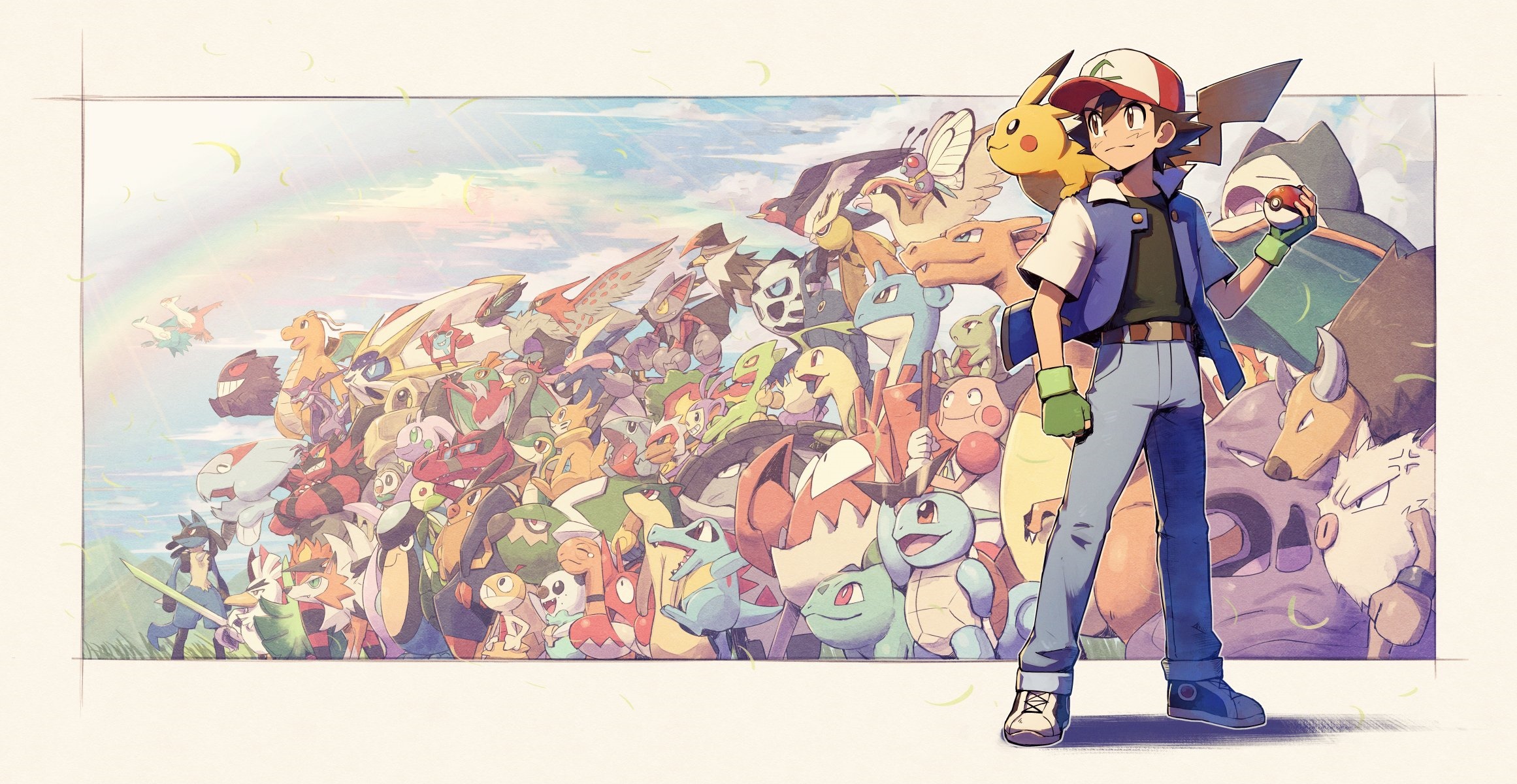 Ash Ketchum and Pokémon with Rainbow HD Wallpaper