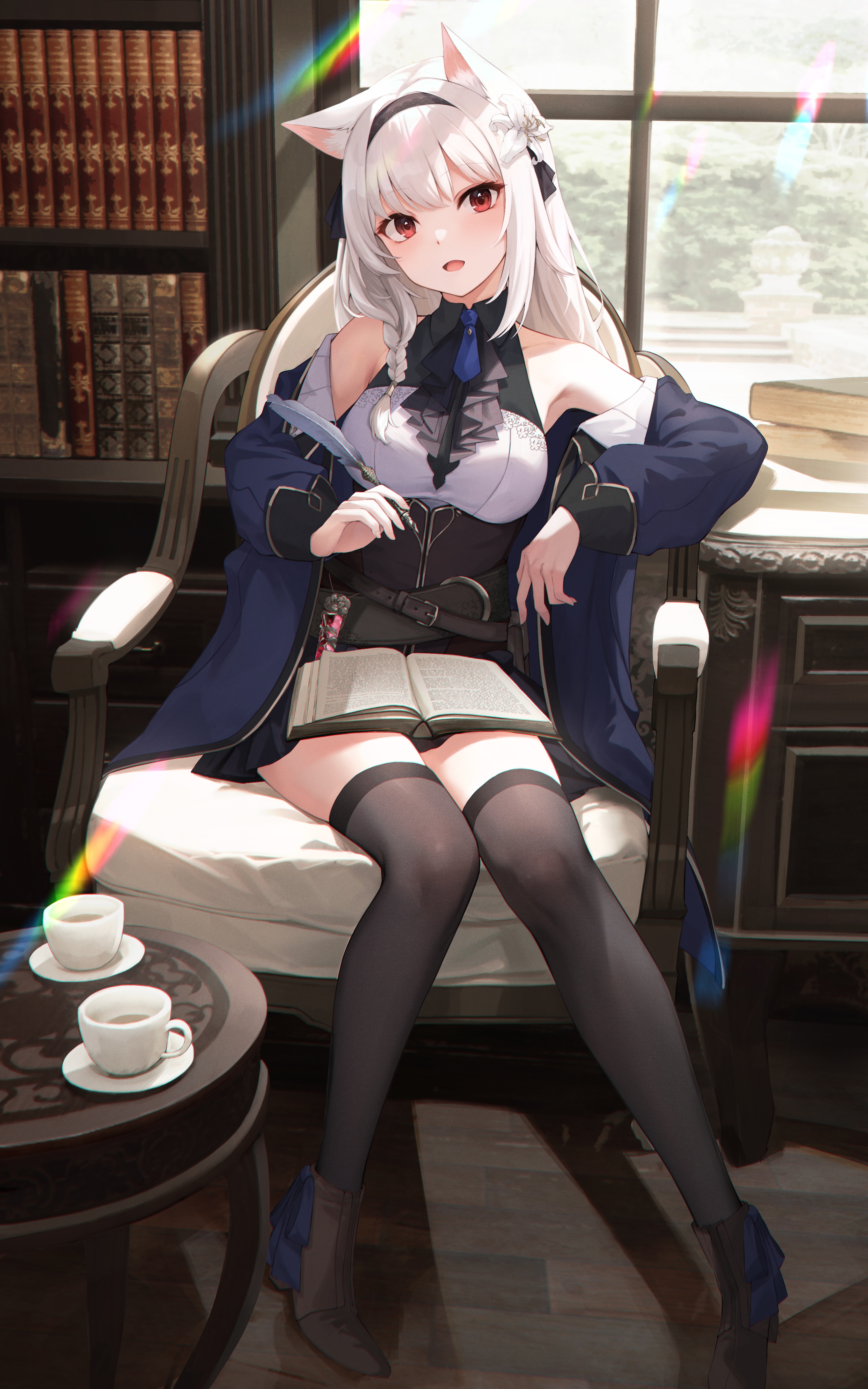 Anime girl with animal ears reading a book HD Phone Wallpaper