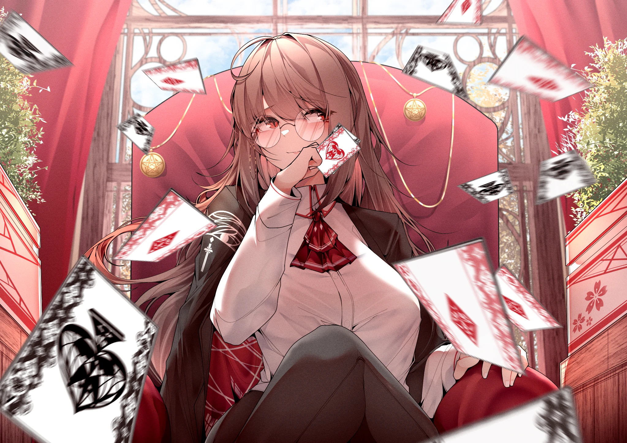 Anime girl with glasses holding playing cards HD Wallpaper