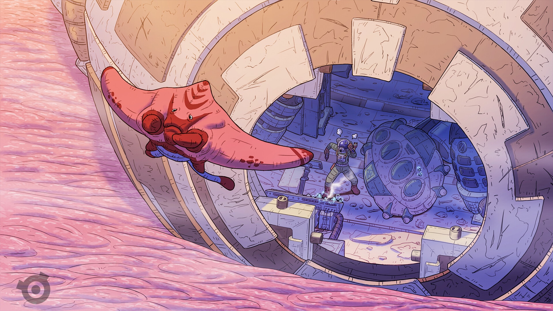 Astronaut encounters alien creature inside a futuristic ship HD Wallpaper