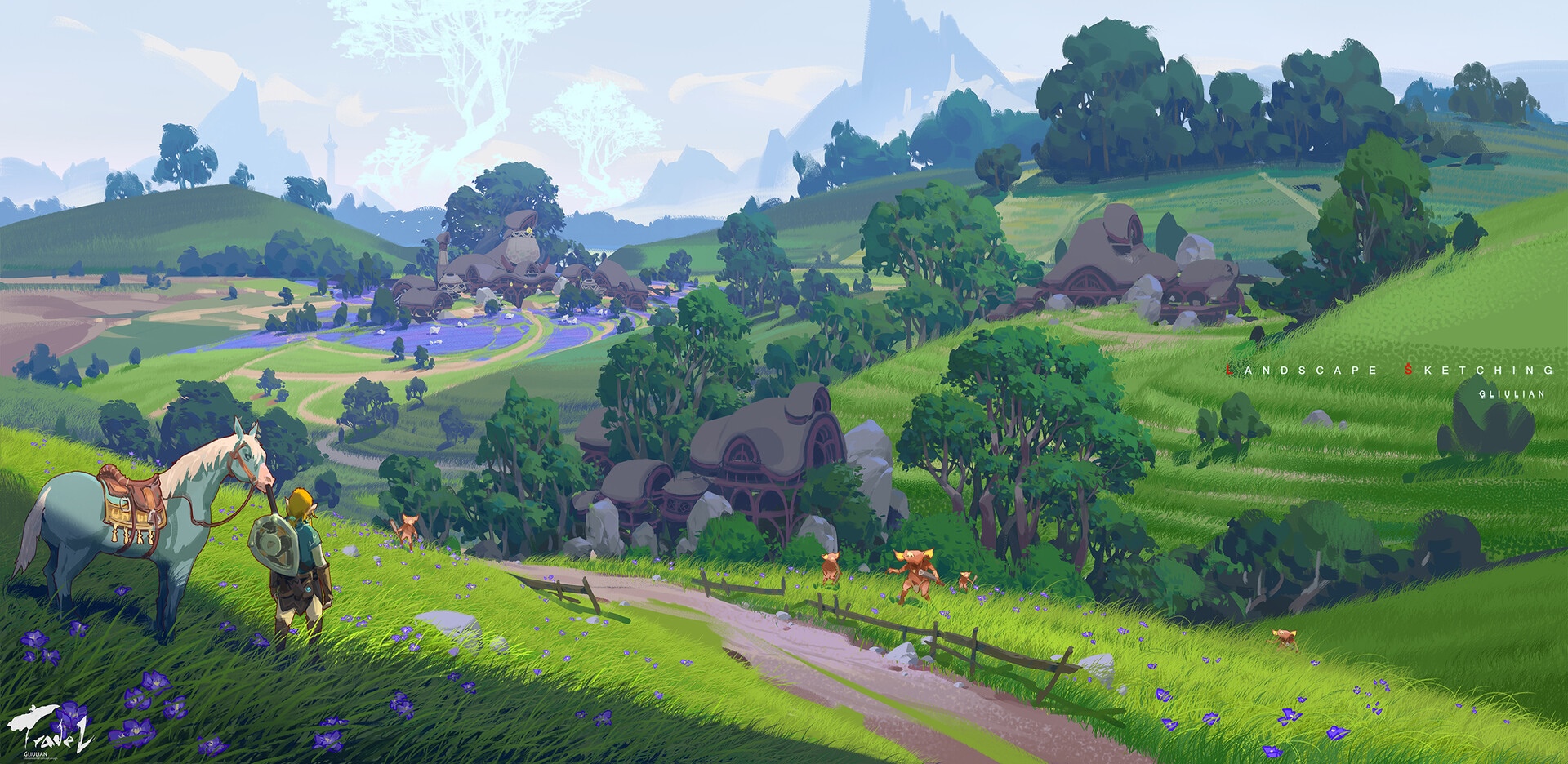 Link and horse in a landscape from The Legend of Zelda HD Wallpaper