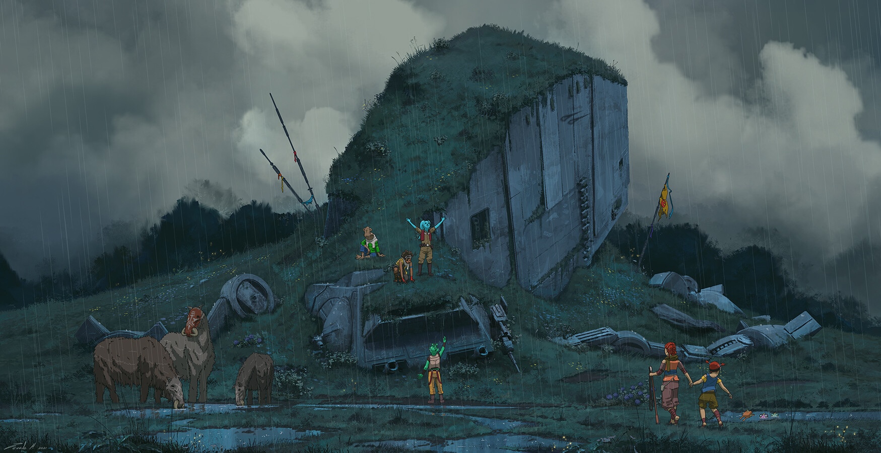 Children and animals near an abandoned AT-AT in the rain HD Wallpaper