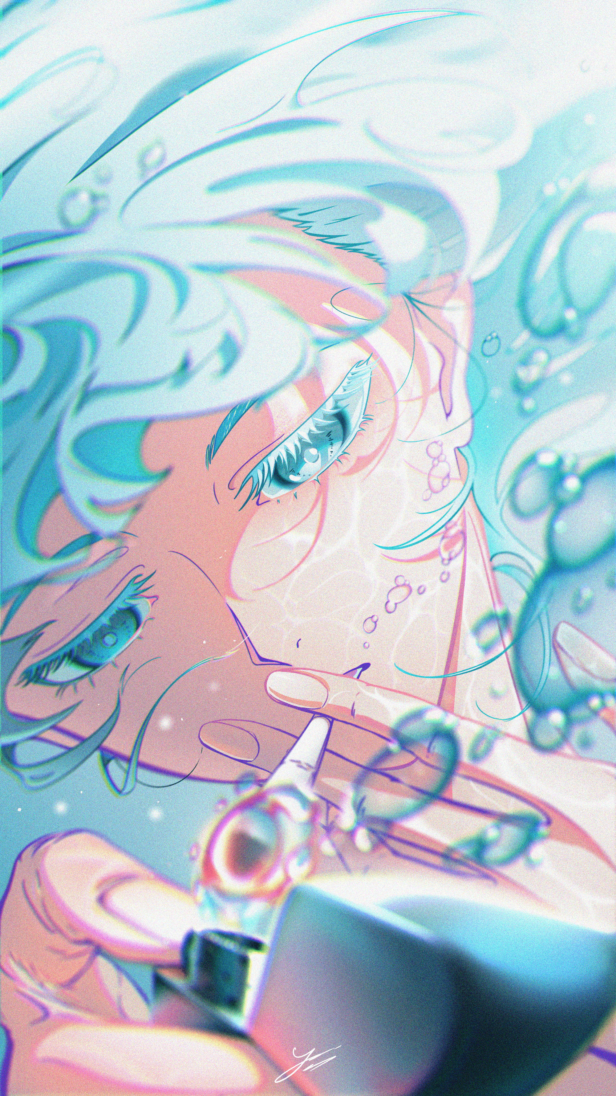 Woman smoking underwater with bubbles and lighter HD Phone Wallpaper