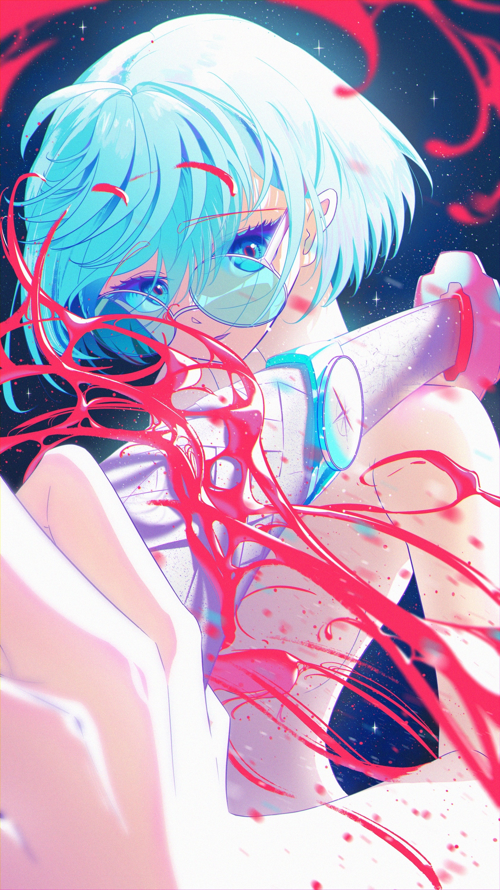Anime girl with blue hair and glasses holding a syringe HD Phone Wallpaper