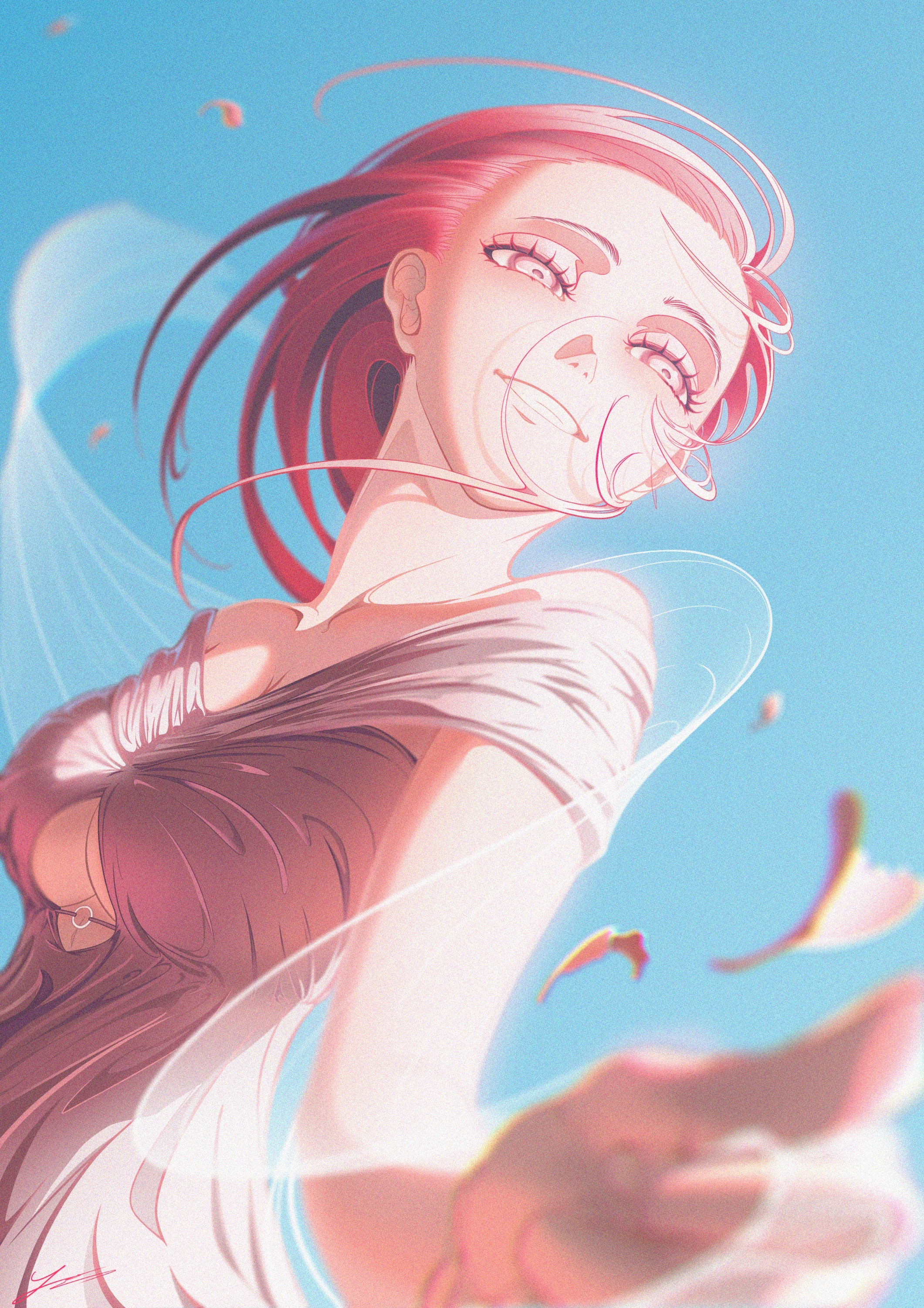 Woman with red hair and flowing dress in the sky HD Phone Wallpaper