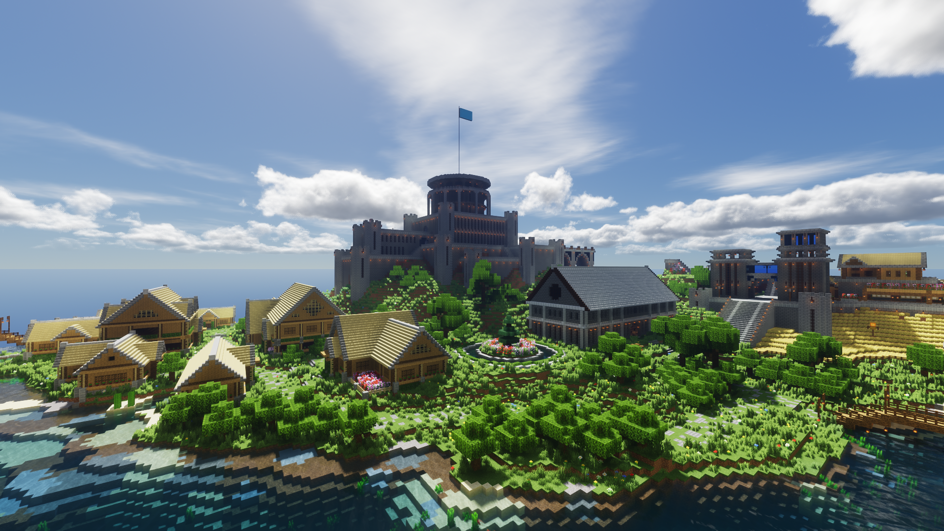 Minecraft castle and village on an island HD Wallpaper