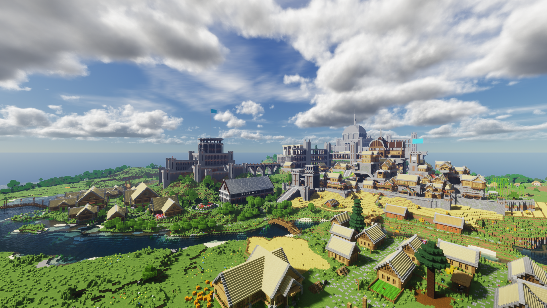 Minecraft village and castle by the water HD Wallpaper