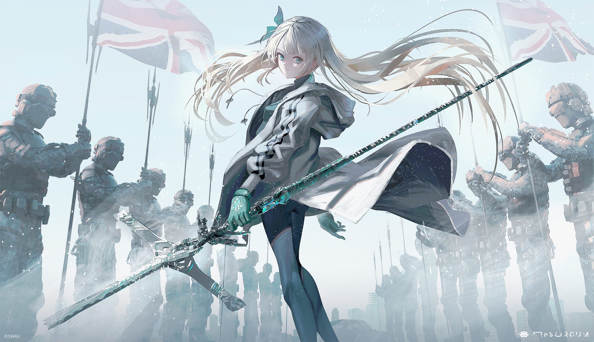 Girl with staff and soldiers holding UK flags HD Wallpaper