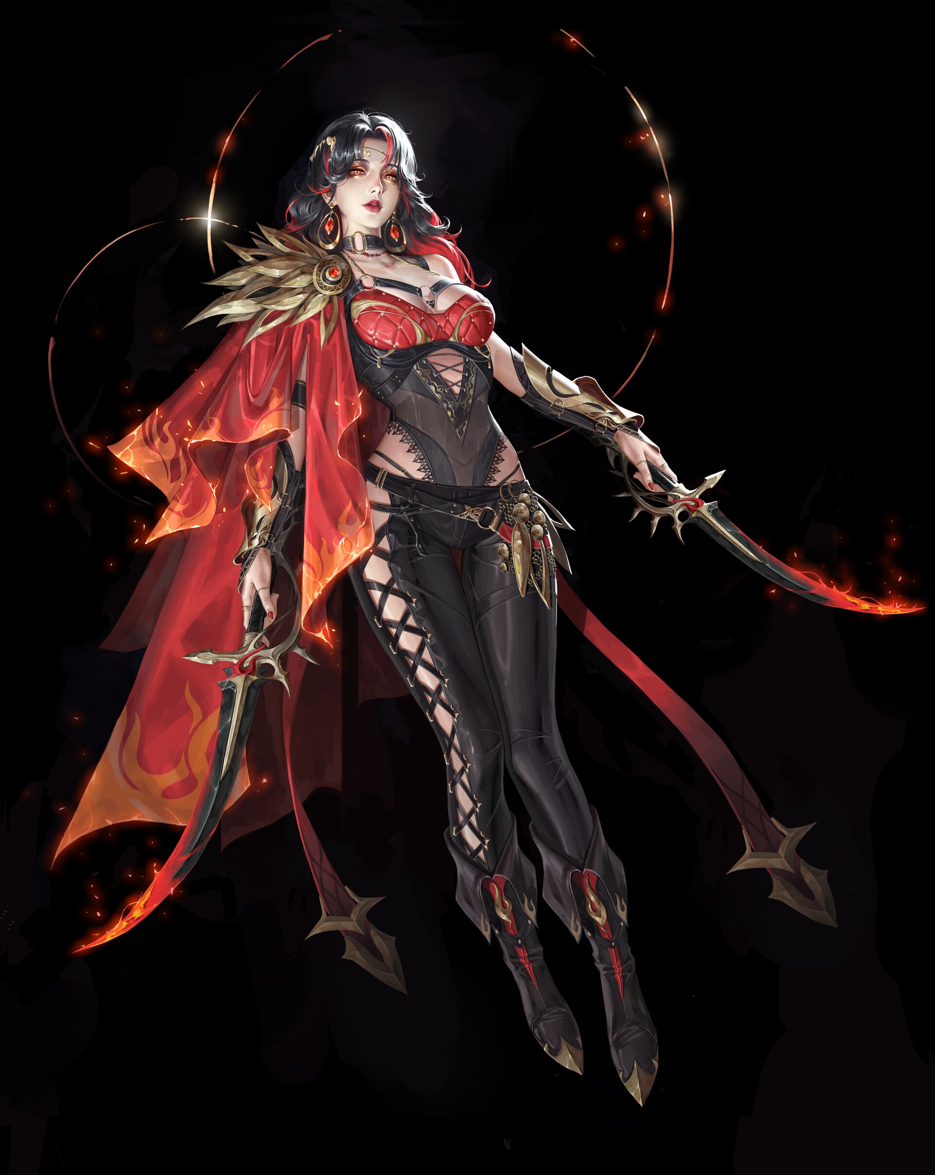 Woman with dark hair and red cape holding swords HD Phone Wallpaper
