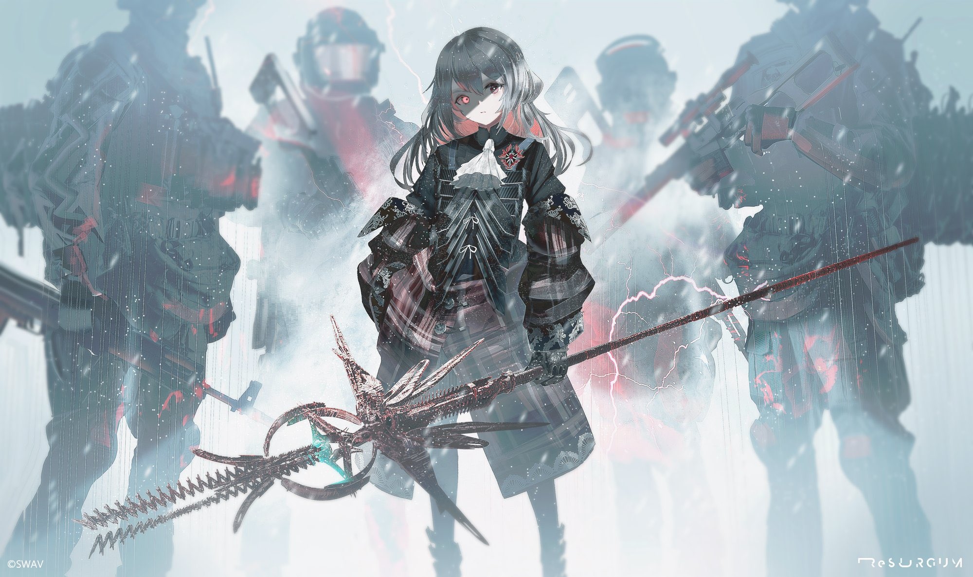 Girl with staff and soldiers in a snowy storm HD Wallpaper