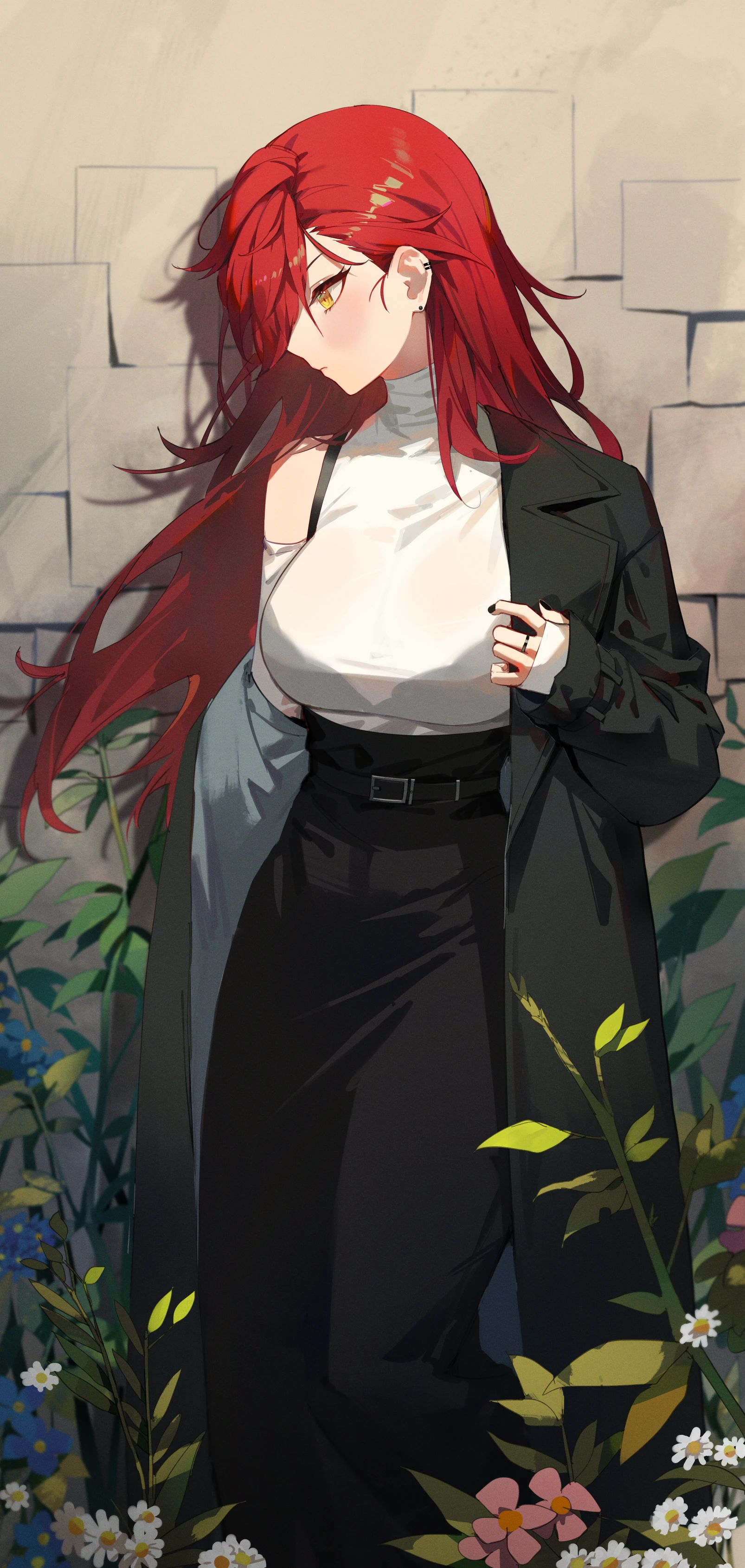 Redhead woman with yellow eyes in a black coat HD Phone Wallpaper