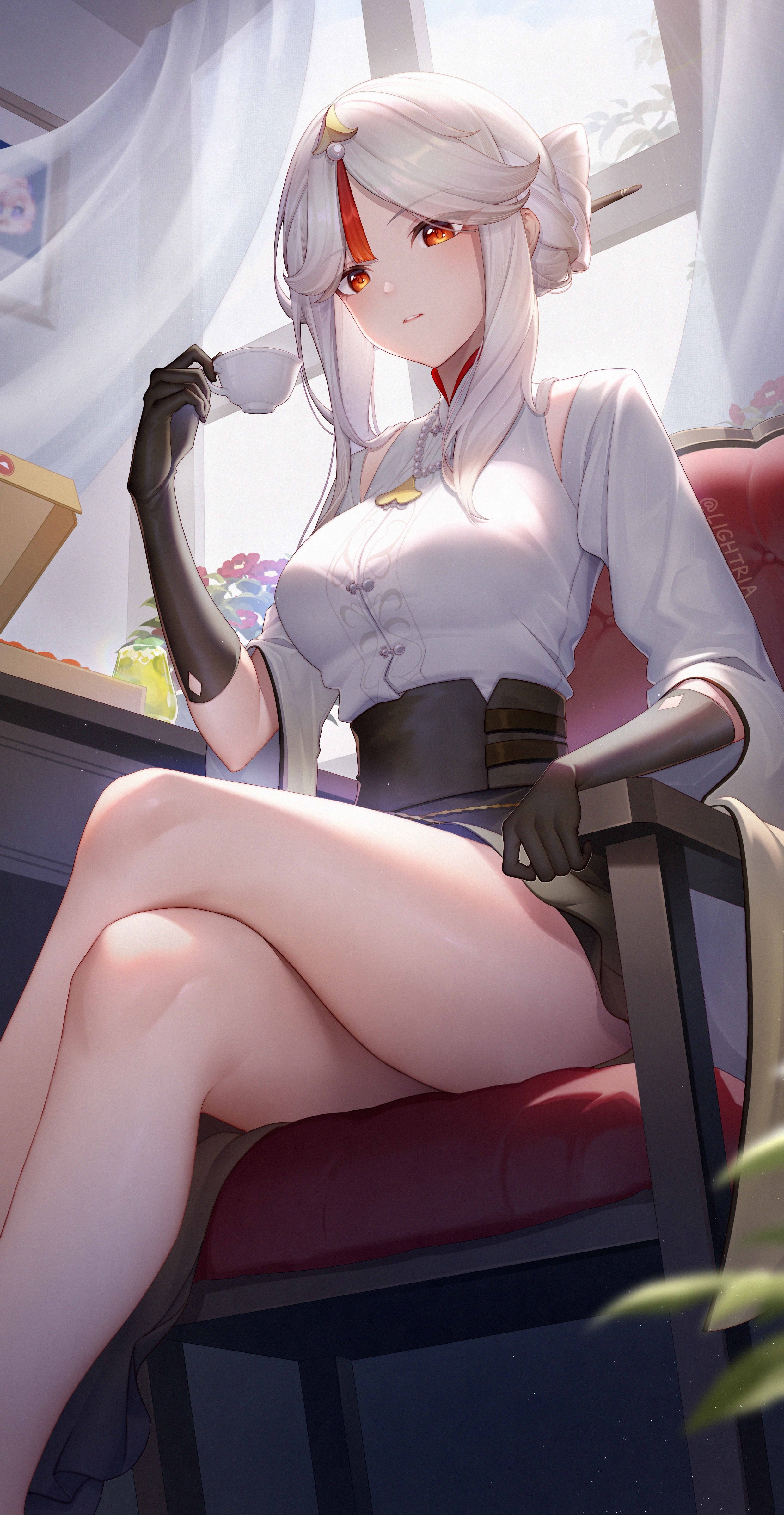 Ningguang from Genshin Impact drinking tea HD Phone Wallpaper