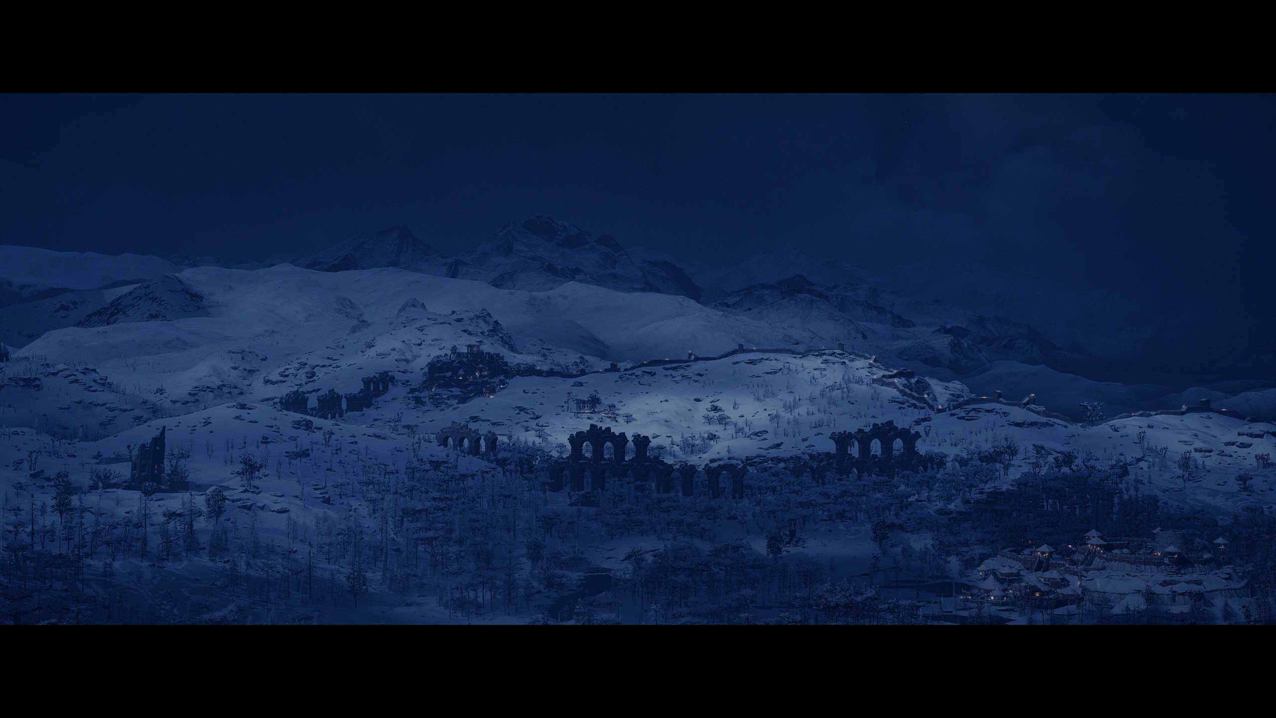 Assassin's Creed Valhalla snowy mountain pass ruins at night HD Wallpaper