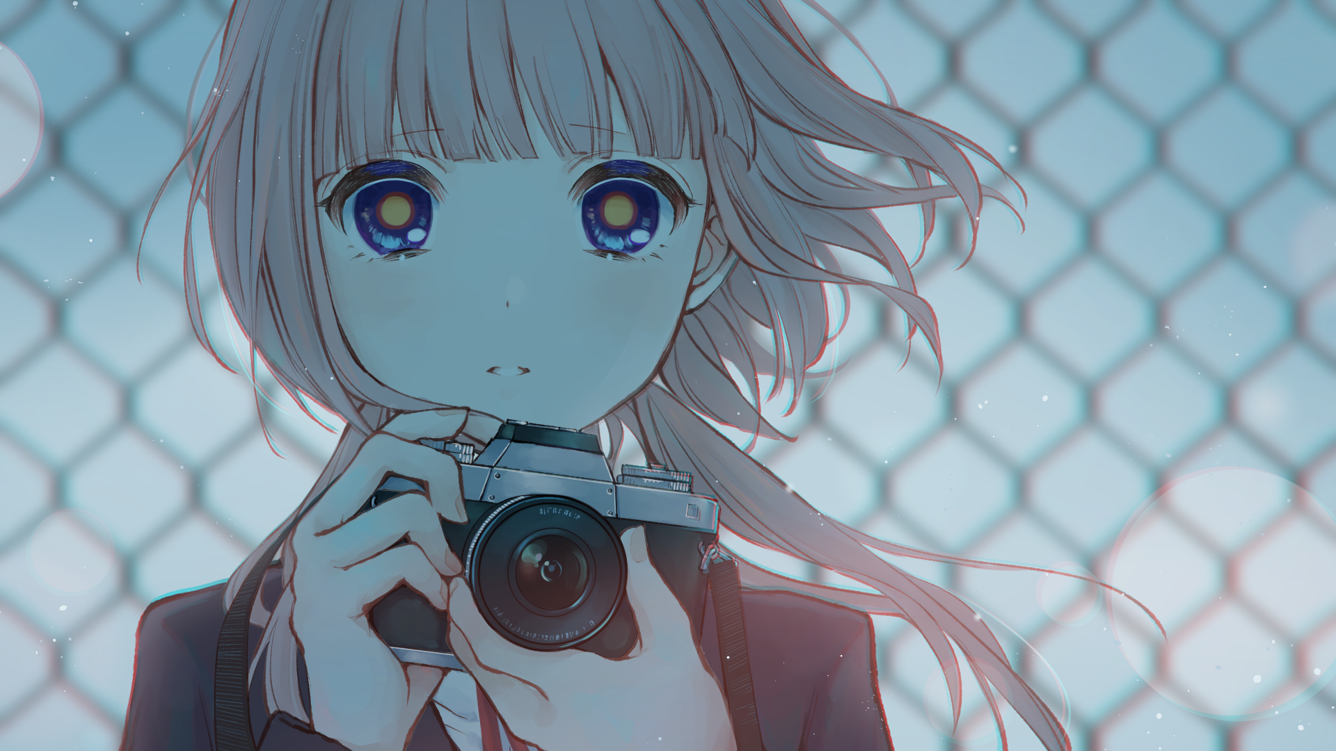 Girl with camera in front of a fence HD Wallpaper