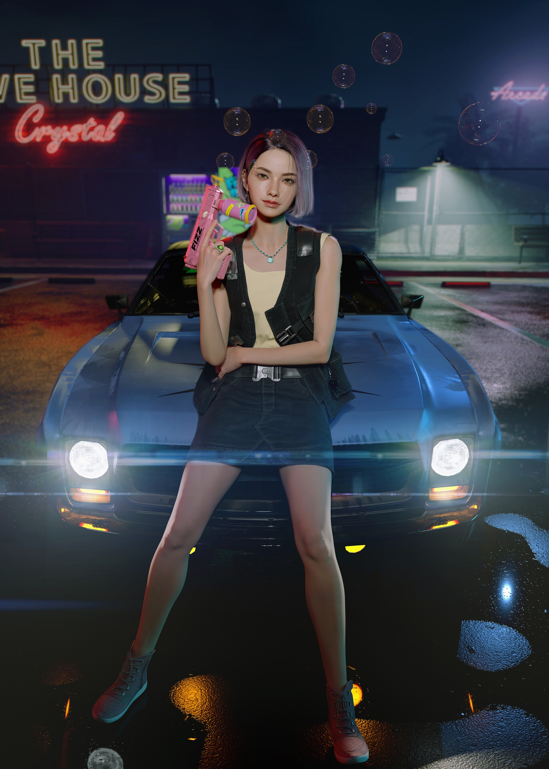 Woman with purple hair holding a toy gun in front of a car HD Phone Wallpaper
