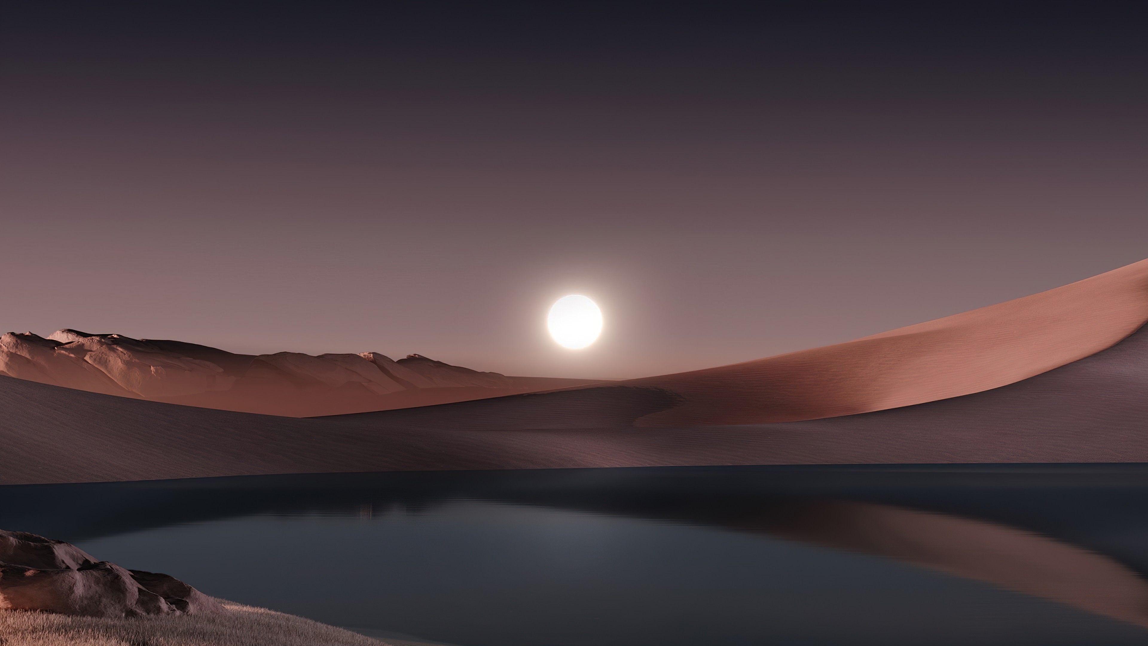 4K desert landscape with sun and water reflection HD Wallpaper