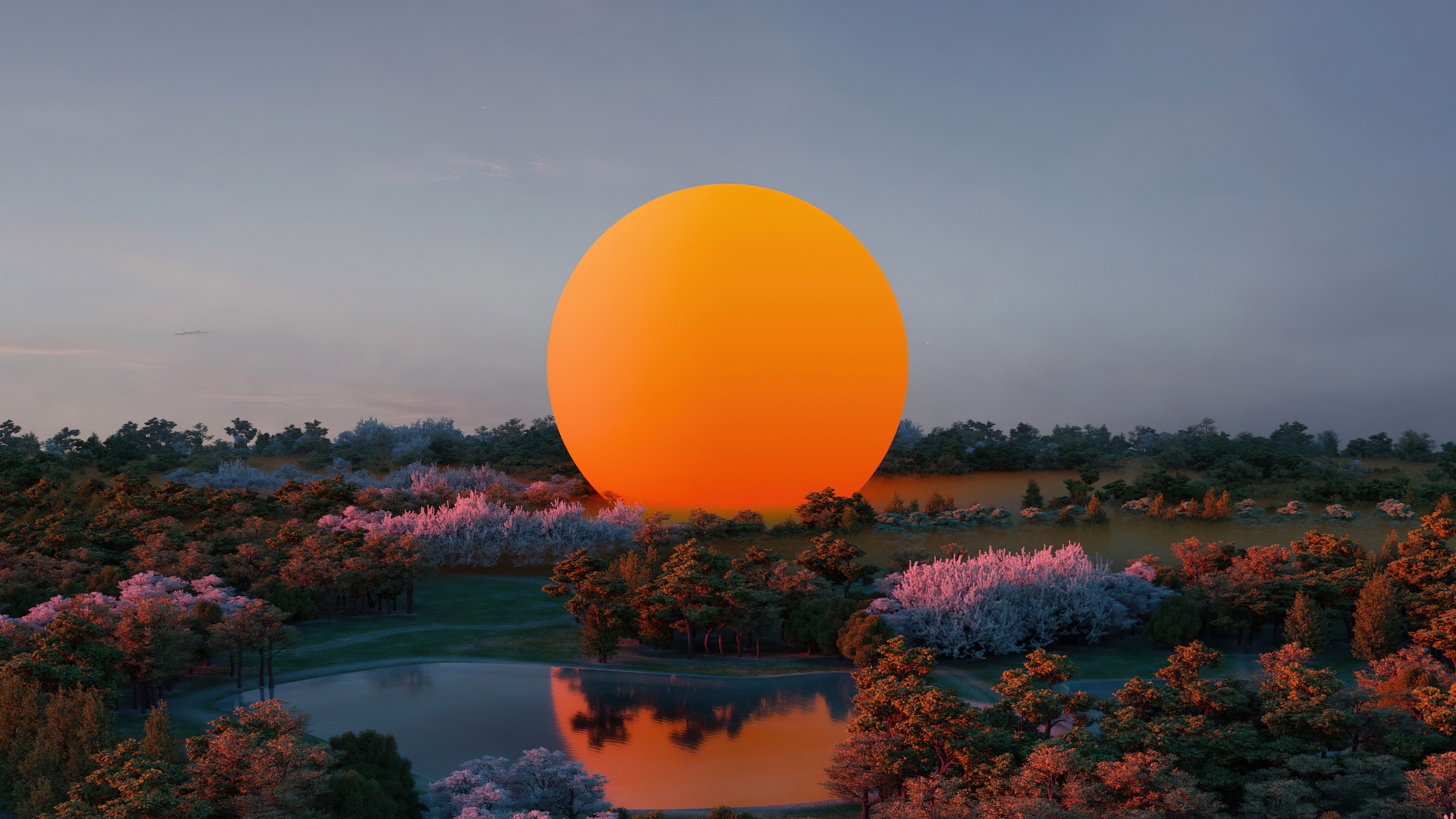 4K Orange Circle Over a Forest Landscape HD Wallpaper
