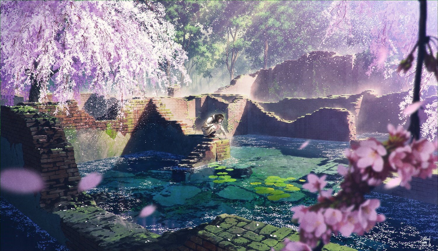 Anime girl by ancient ruins and cherry blossoms HD Wallpaper