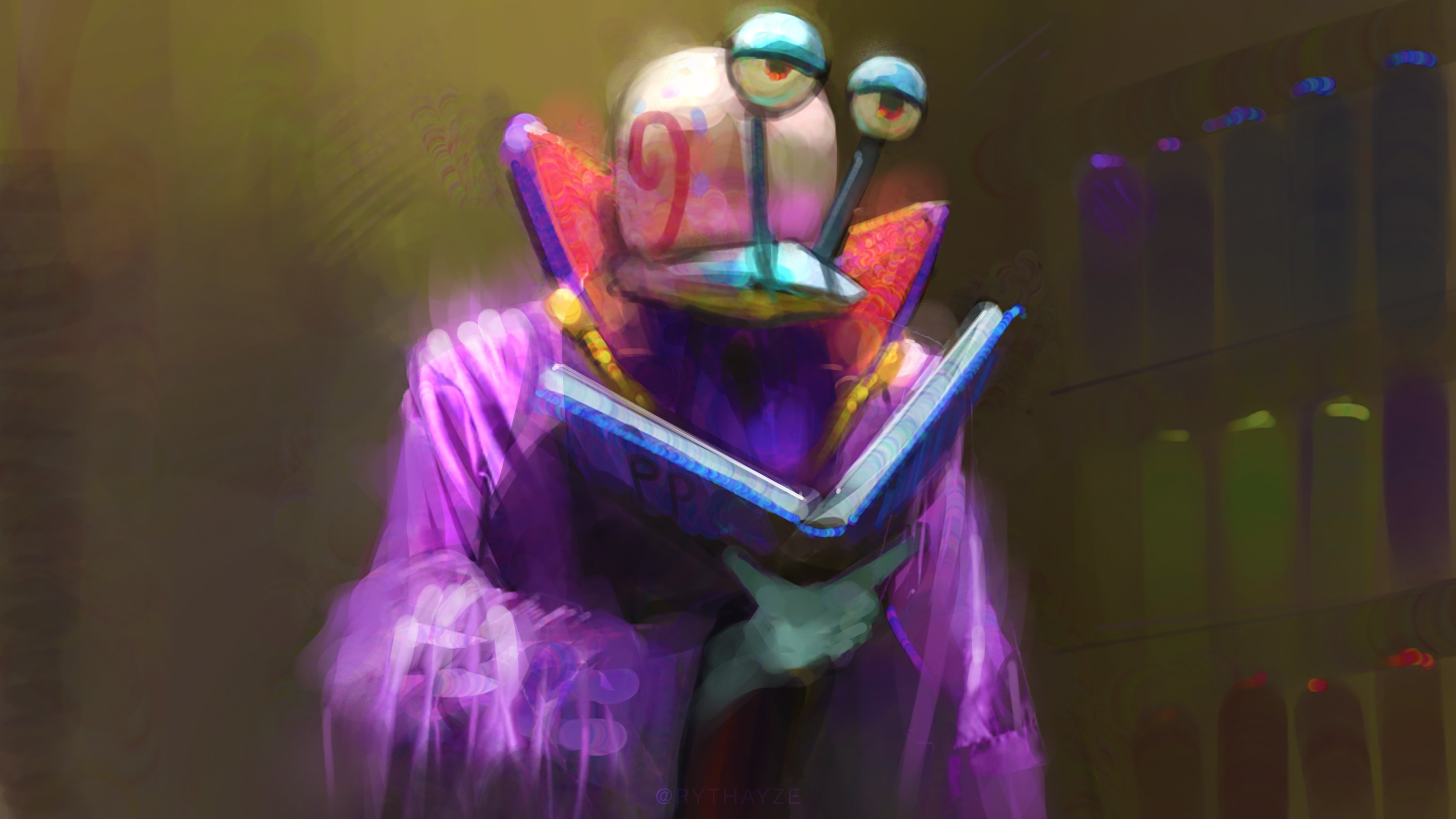 Gary the Snail reading a book in a purple robe HD Wallpaper