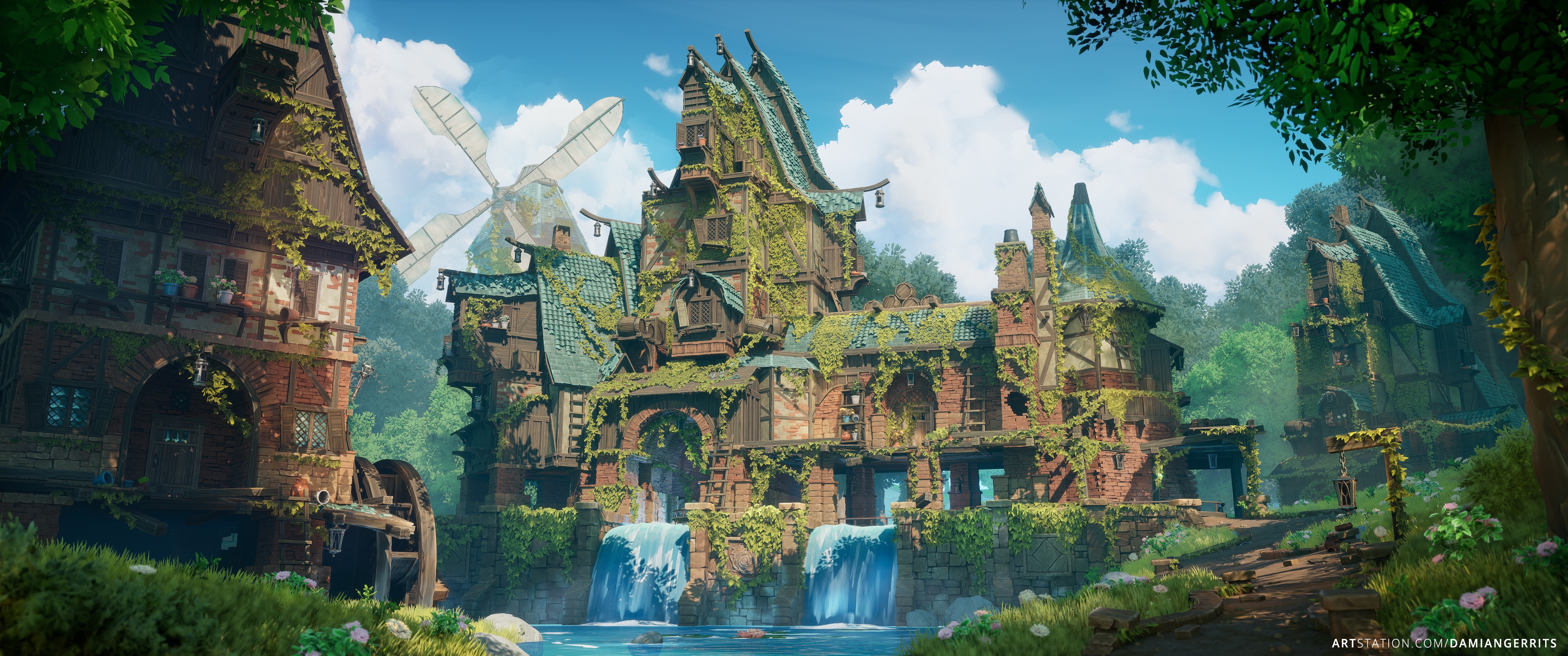 Overgrown medieval village with waterfalls and windmill HD Wallpaper