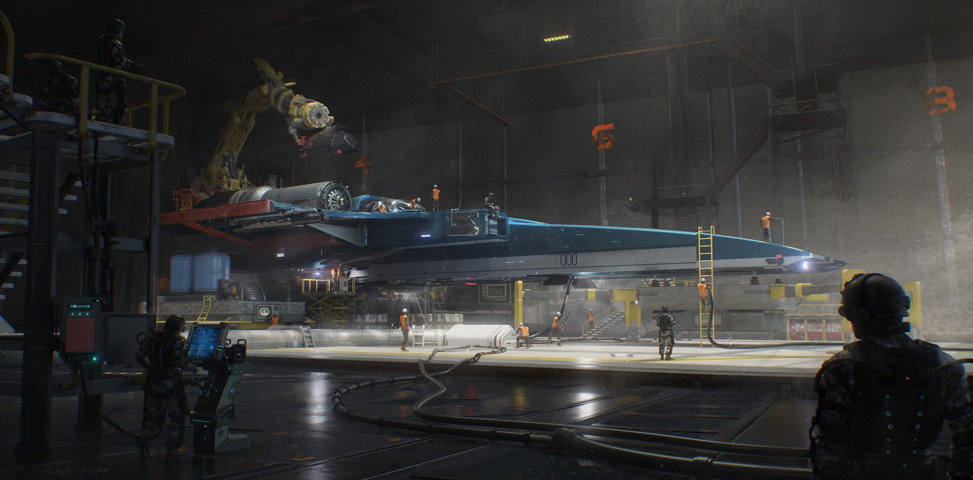 Futuristic aircraft in a hangar with workers HD Wallpaper