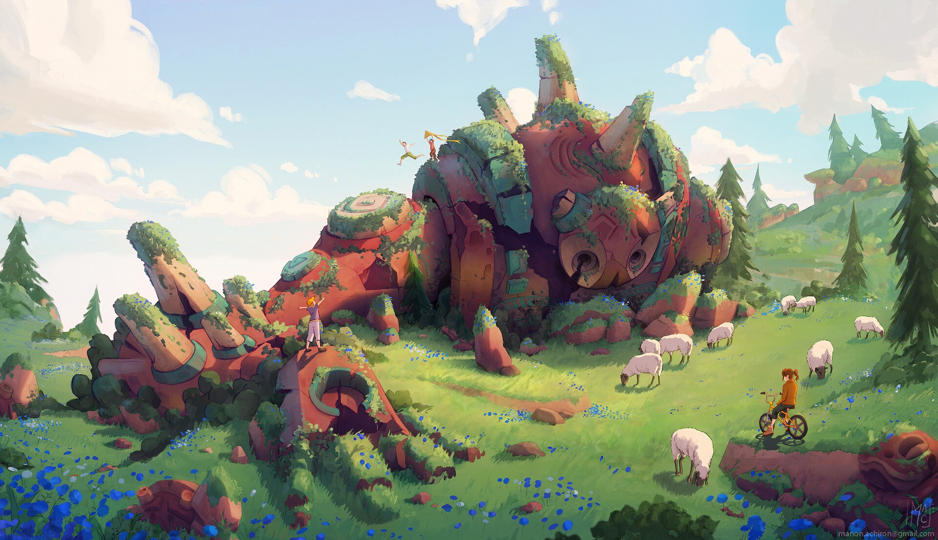Giant ancient robot overgrown with moss and plants in a field HD Wallpaper