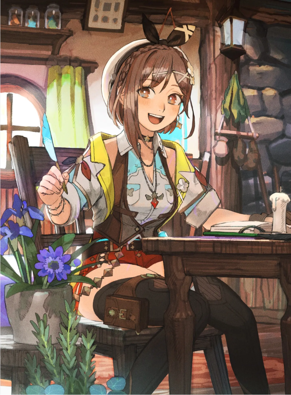 Atelier Ryza character drawing a quill HD Phone Wallpaper