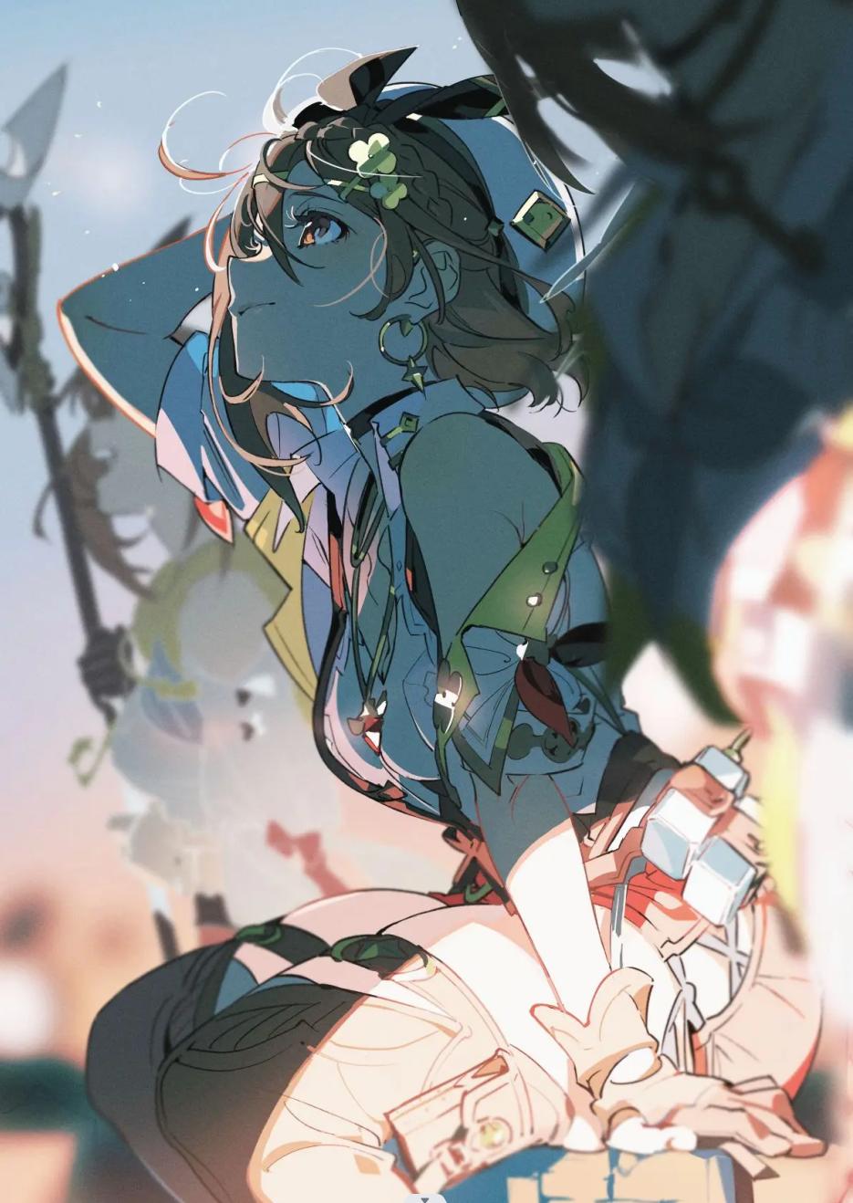 Atelier Ryza character looking up with weapons in background HD Phone Wallpaper