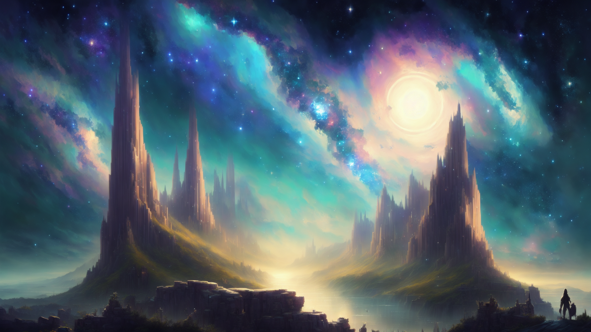 Fantasy landscape with towering spires under a starry sky HD Wallpaper