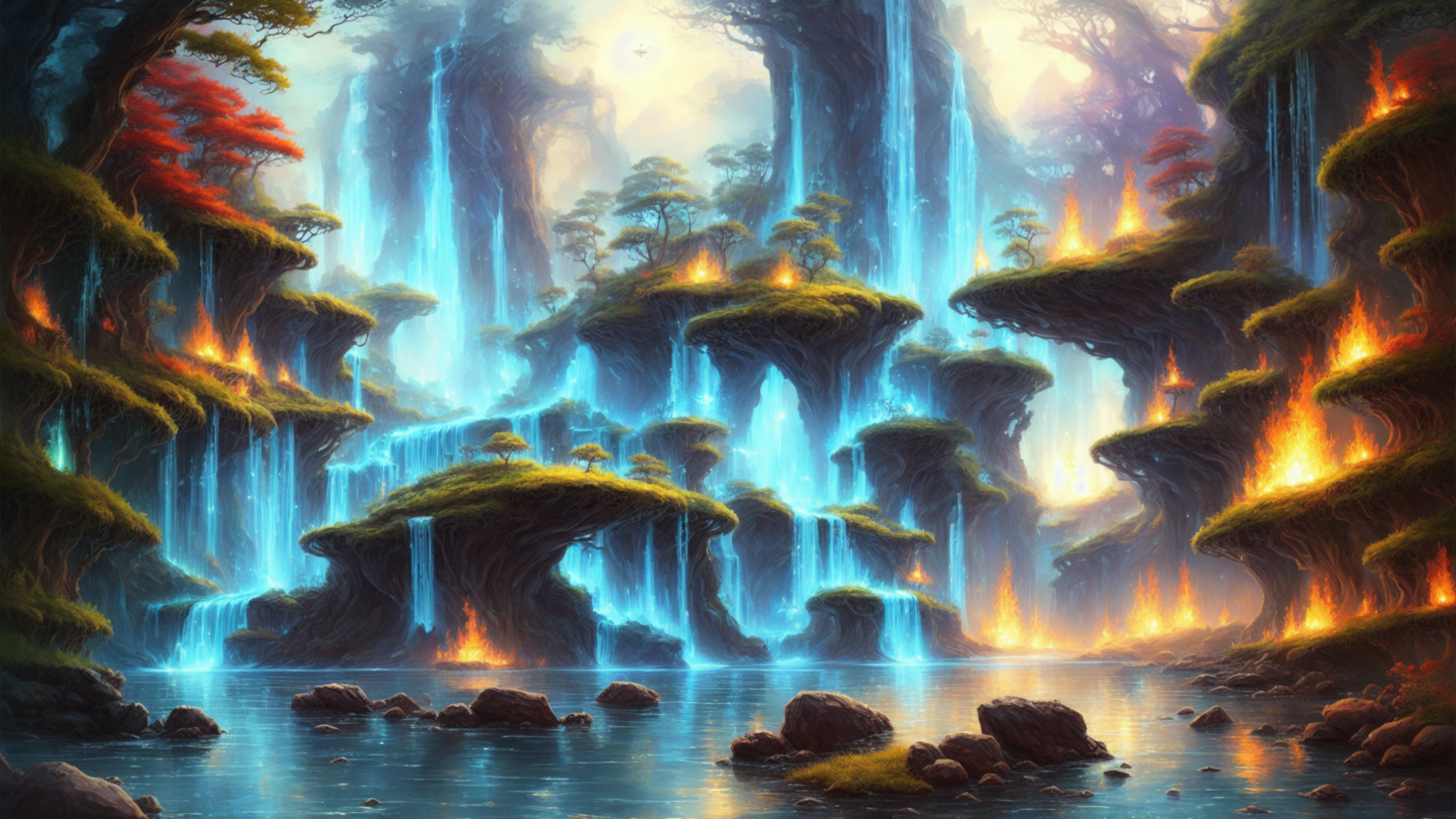 Fantasy art of elemental waterfalls and floating islands HD Wallpaper