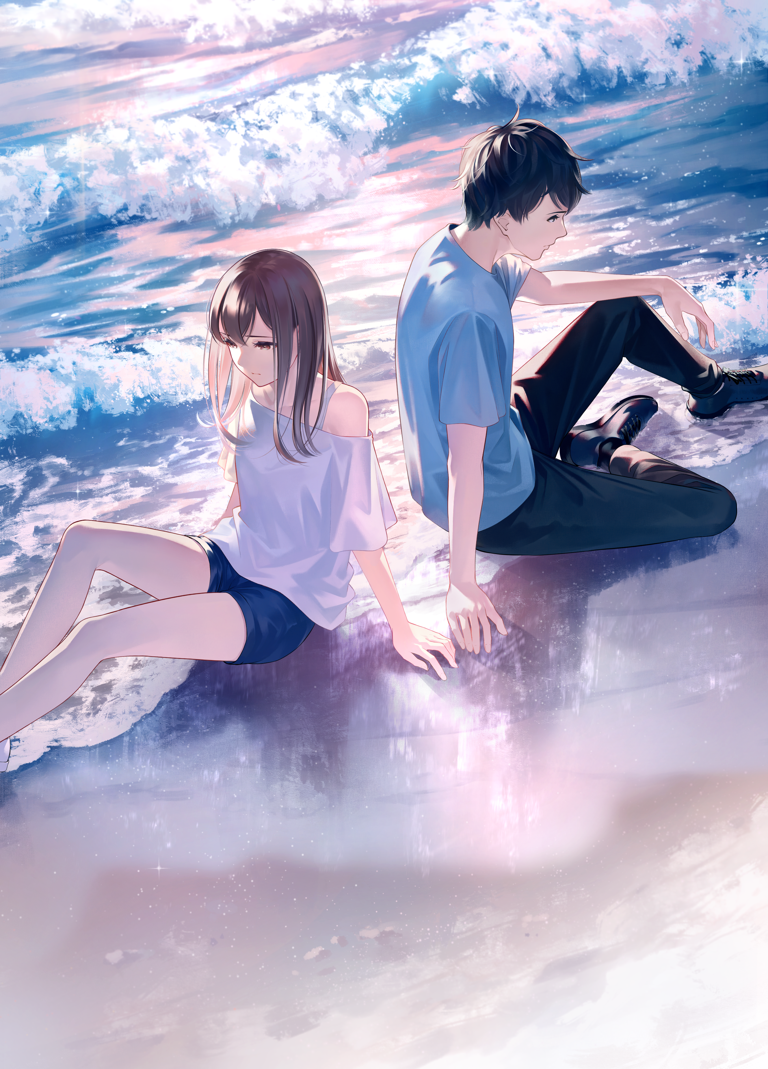 Anime couple sitting on a beach with waves HD Phone Wallpaper