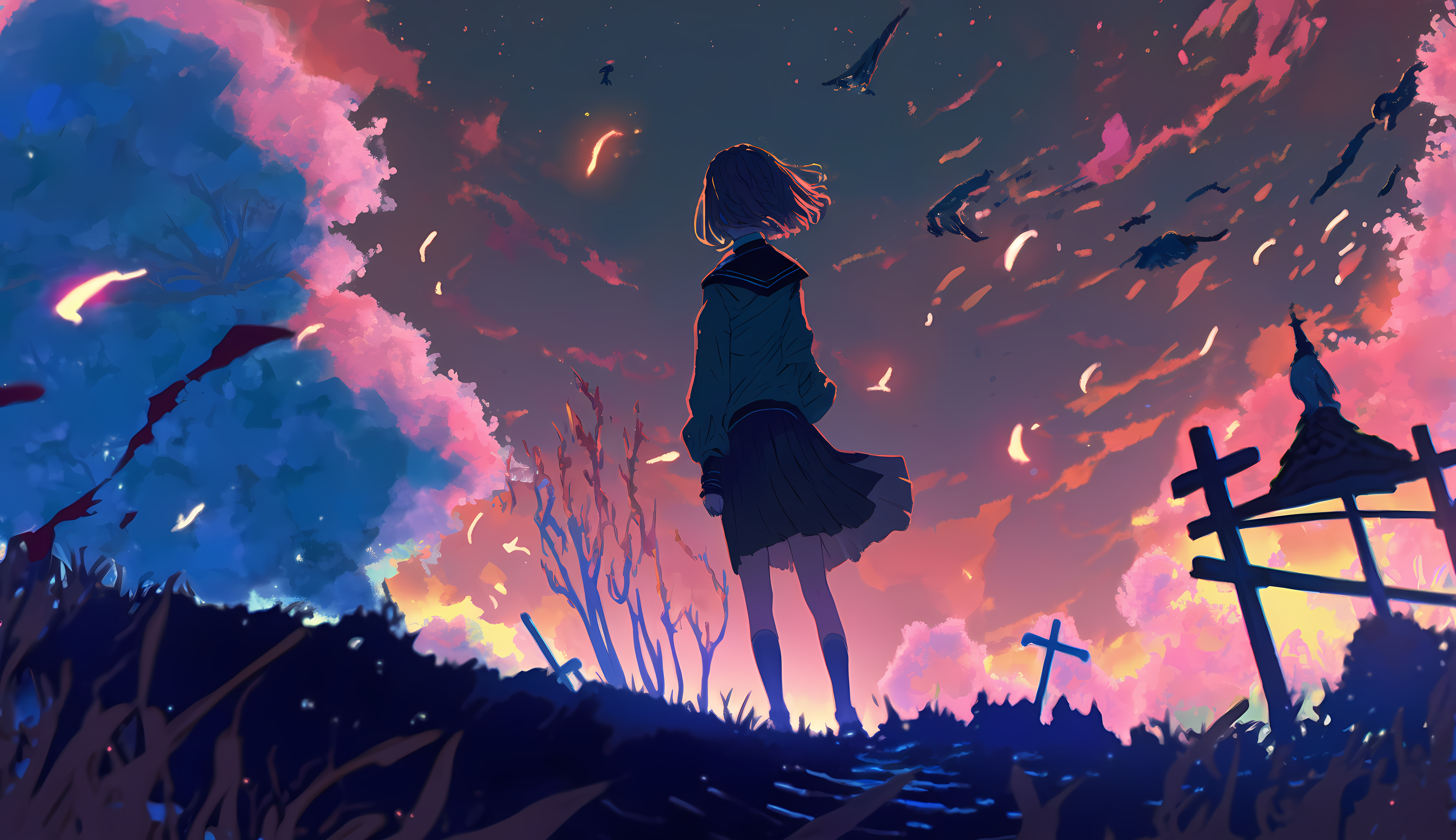 4K anime girl in a graveyard at sunset HD Wallpaper