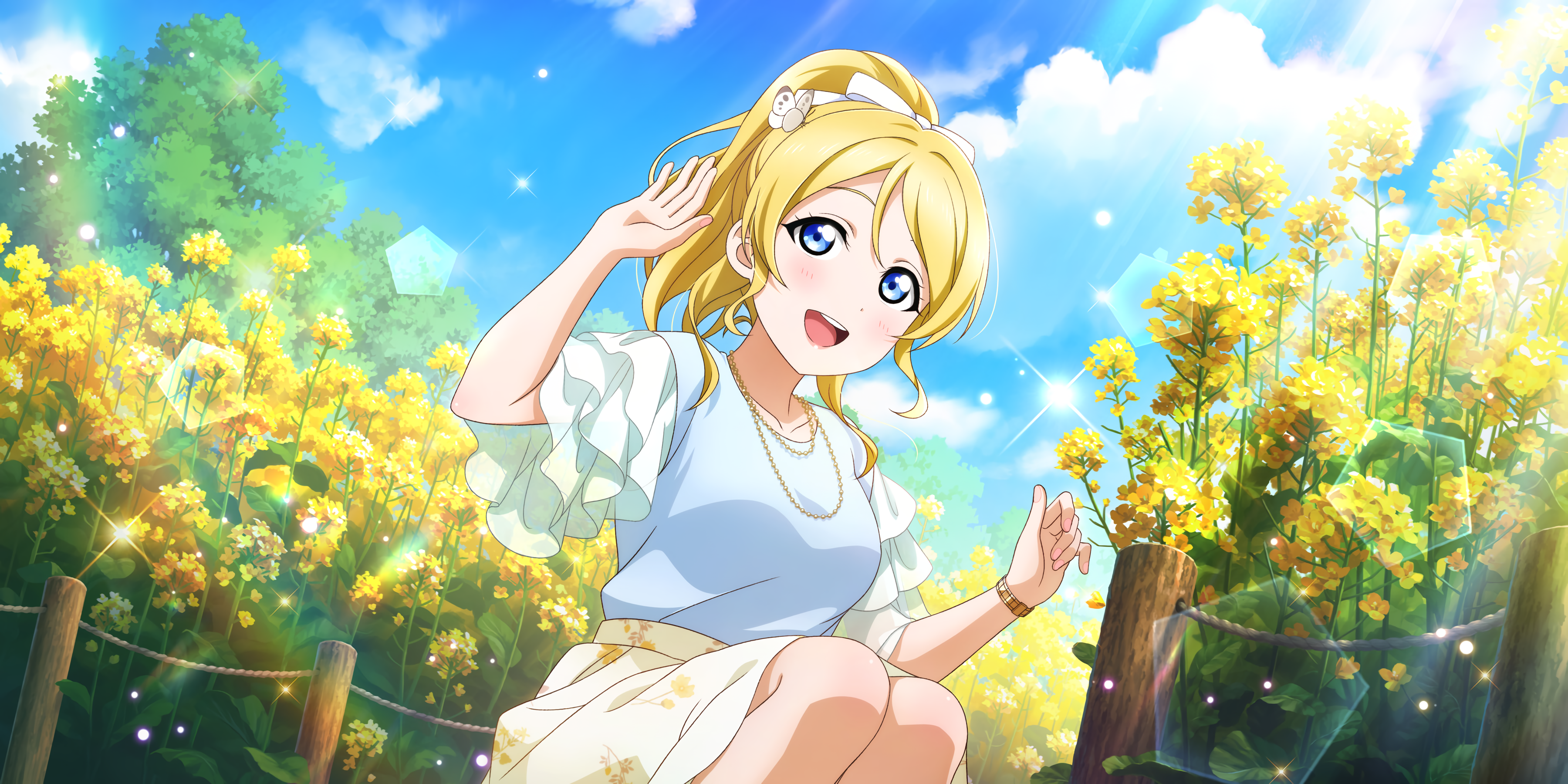 Ayase Eli in a field of yellow flowers HD Wallpaper