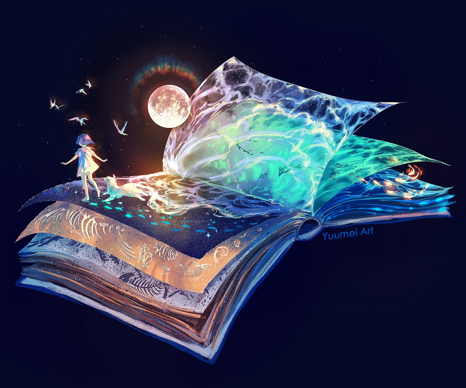 Fantasy art of a girl and dog on an open book HD Wallpaper