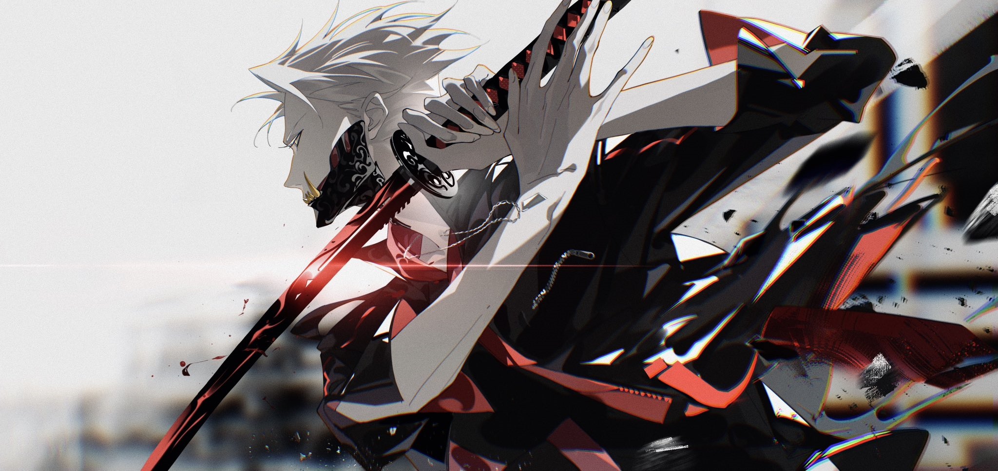Anime man with katana and futuristic mask HD Wallpaper