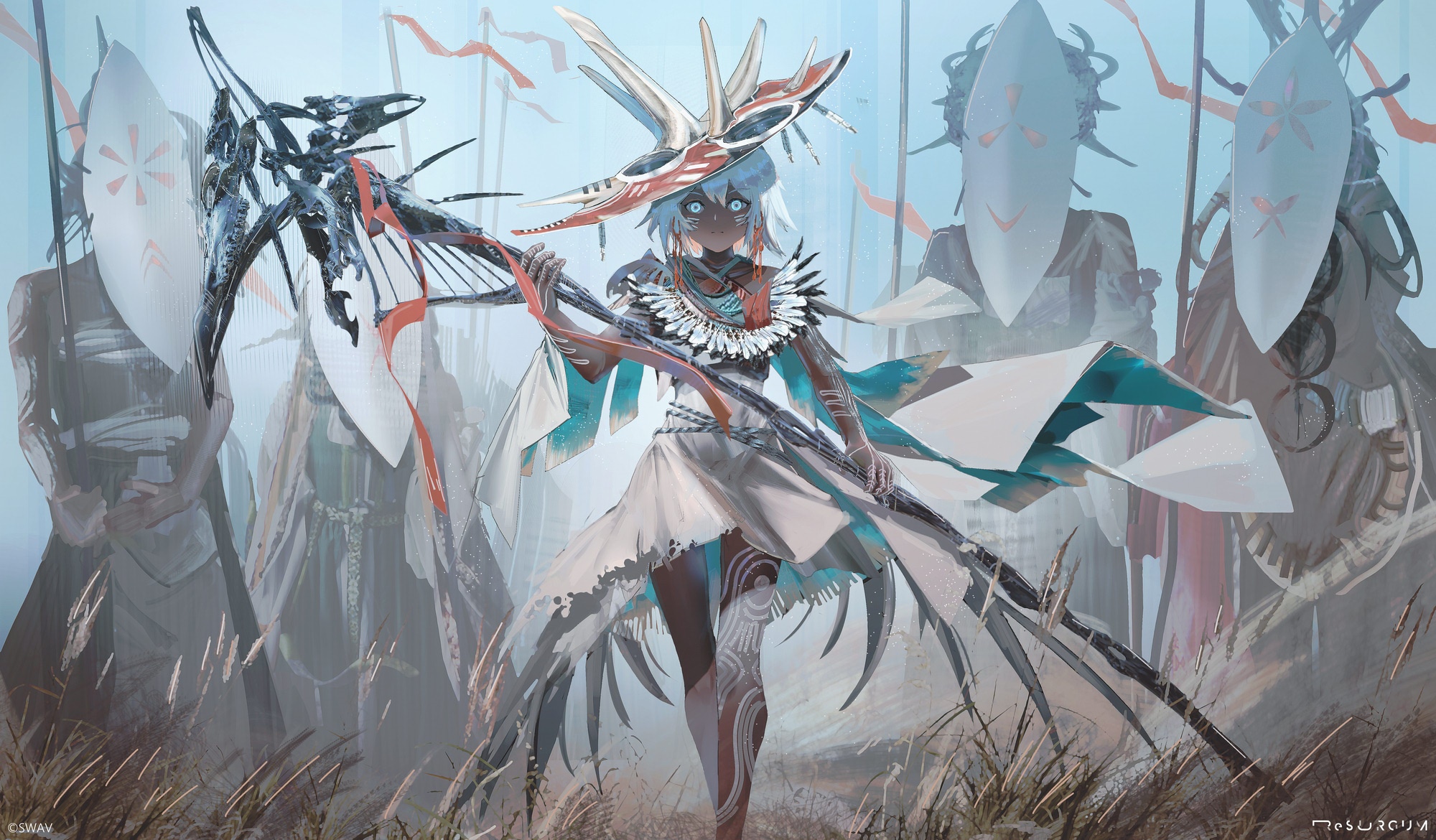 A woman with glowing eyes and a large headdress holds a staff HD Wallpaper