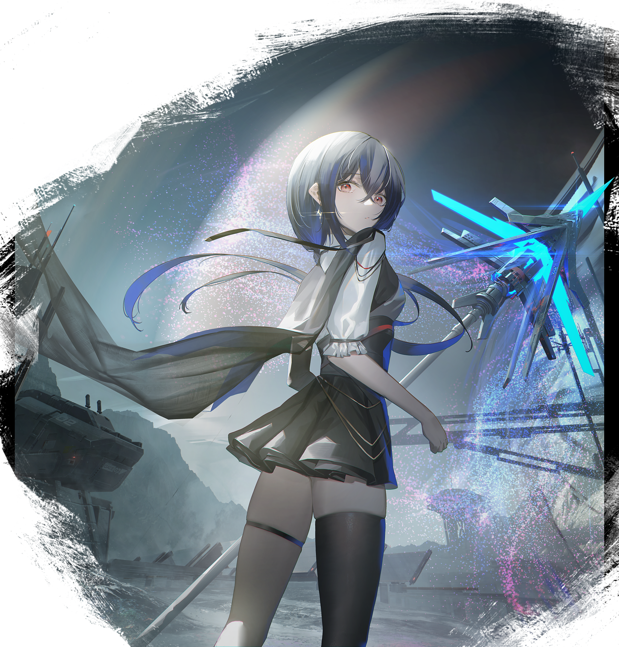 Girl with red eyes and staff in sci-fi setting HD Wallpaper
