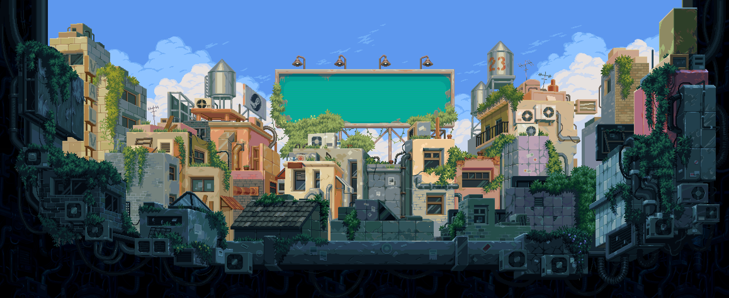Pixel art cityscape with Steam logo and billboards HD Wallpaper