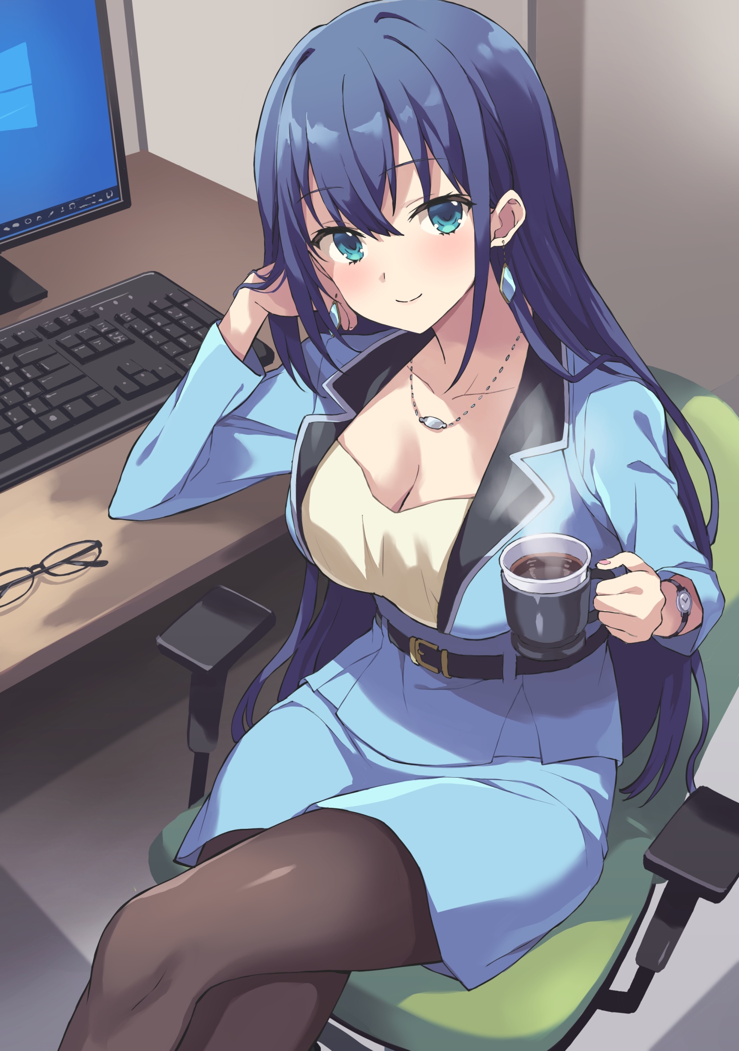 Anime woman in blue suit drinking coffee at desk HD Phone Wallpaper
