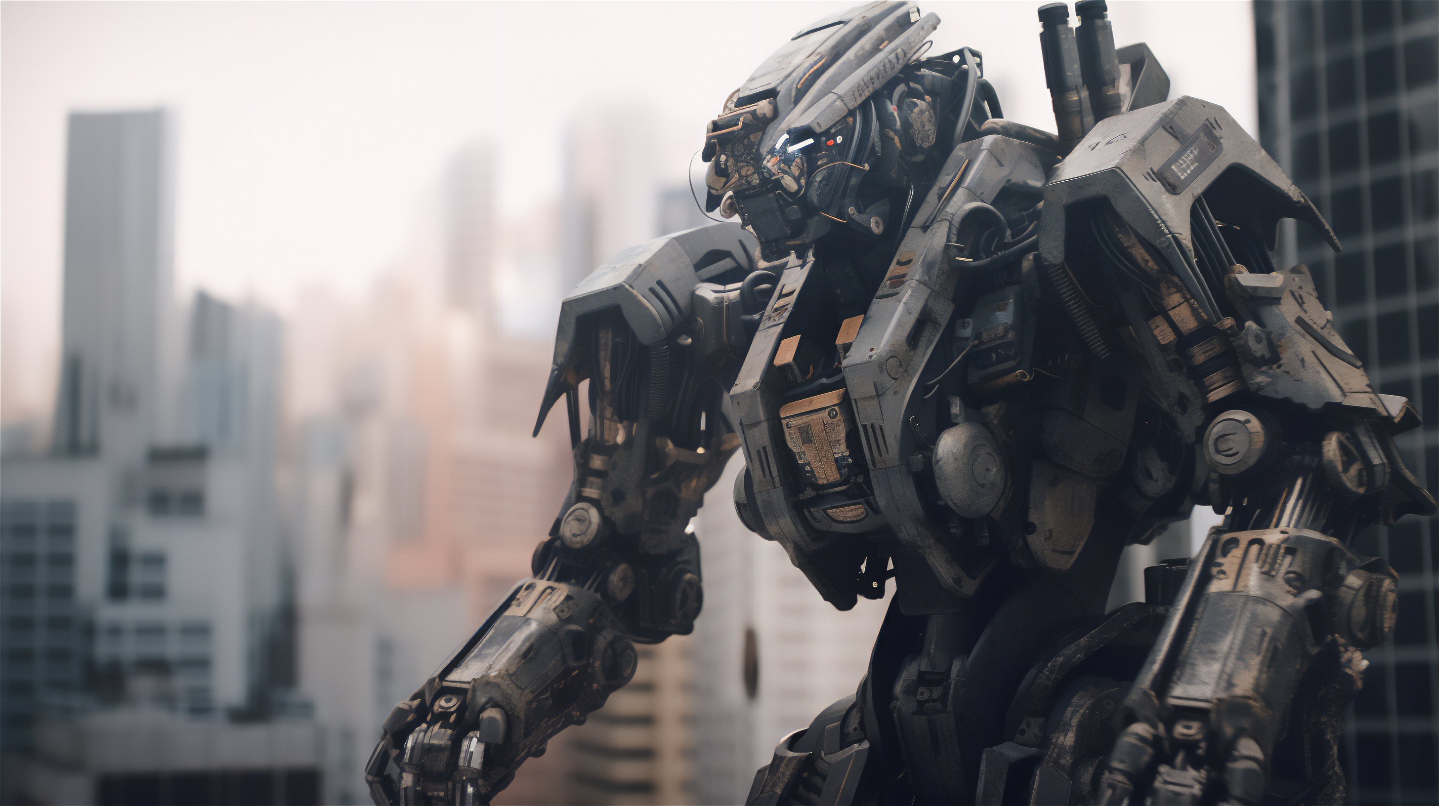 A detailed robot stands in a city skyline HD Wallpaper