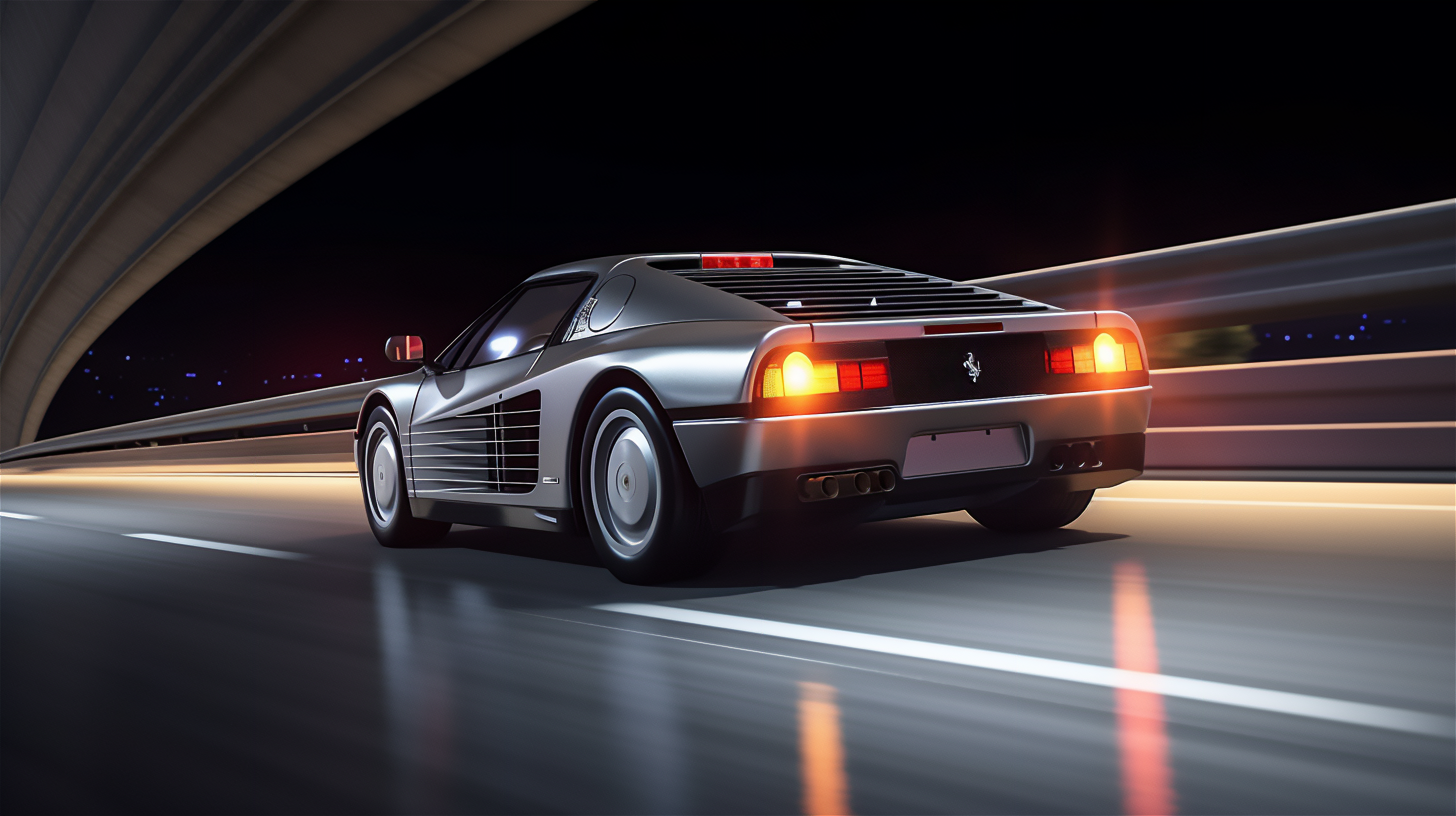 Silver Ferrari Testarossa driving on a highway at night HD Wallpaper
