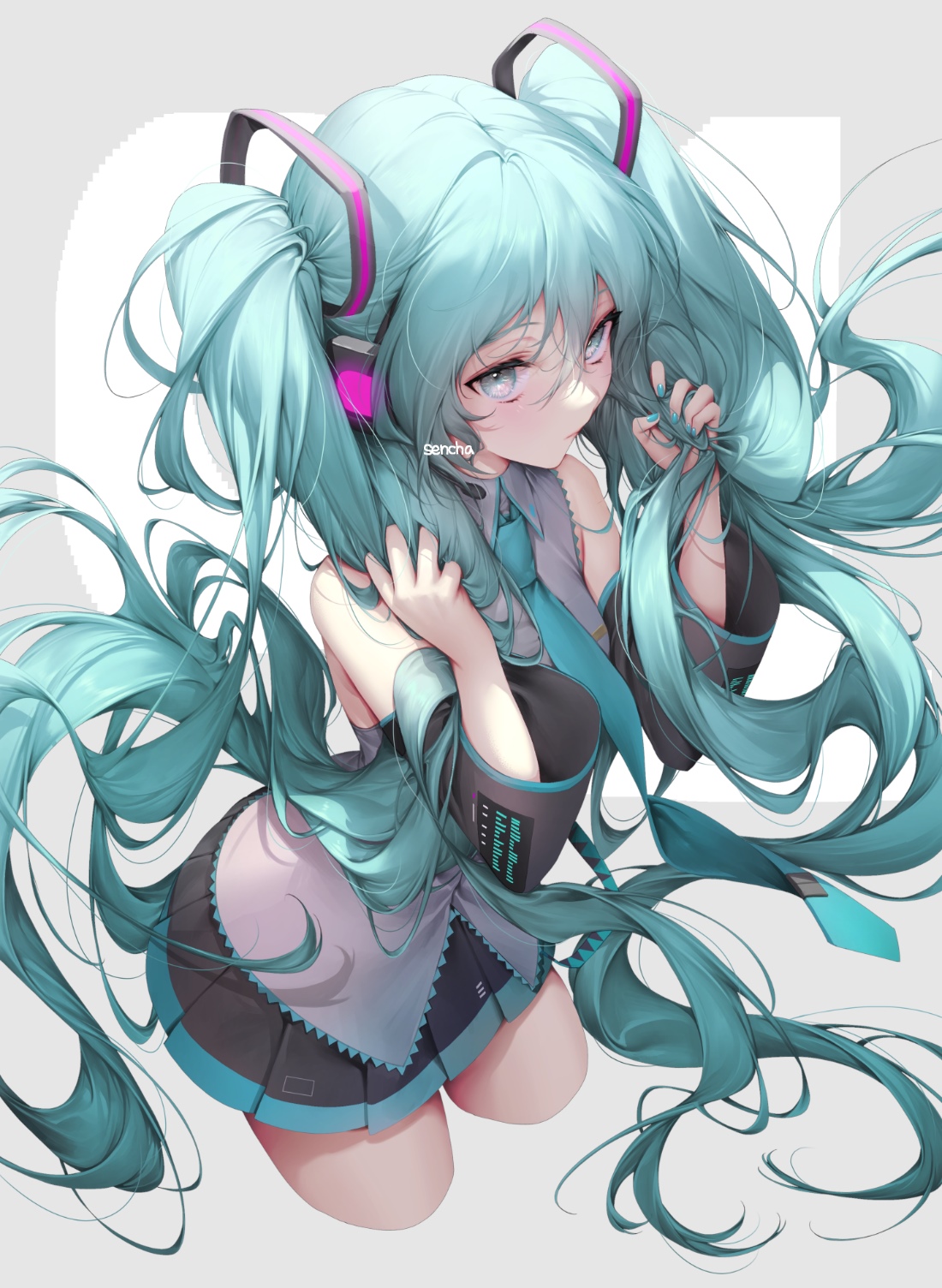 Hatsune Miku with long turquoise twintails and headphones HD Phone Wallpaper