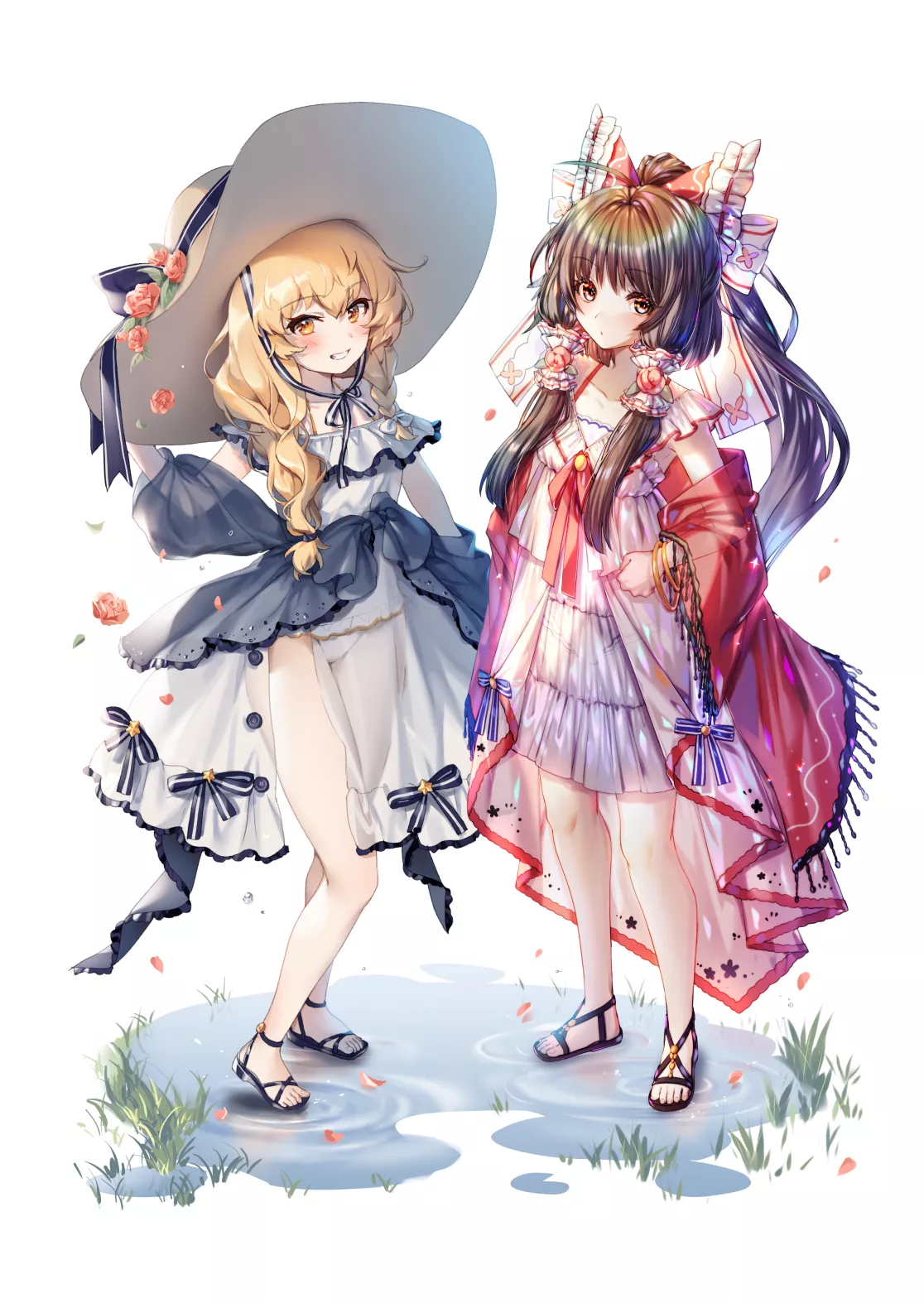 Two anime girls with flowers and hats in water HD Phone Wallpaper
