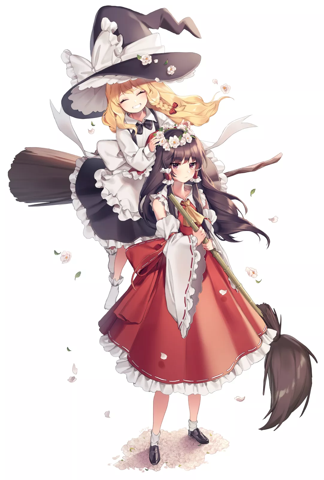 Touhou: Hakurei Reimu and Kirisame Marisa on a broom HD Phone Wallpaper