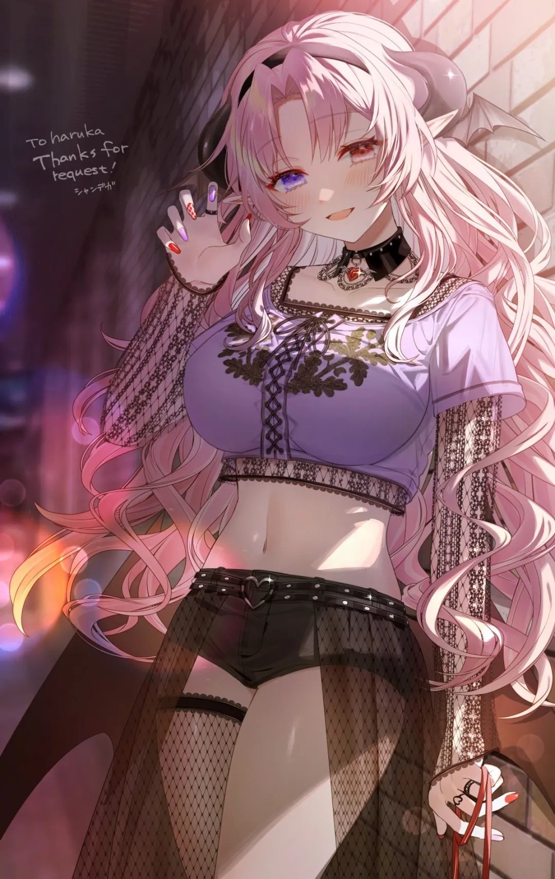Anime girl with pink hair and horns HD Phone Wallpaper