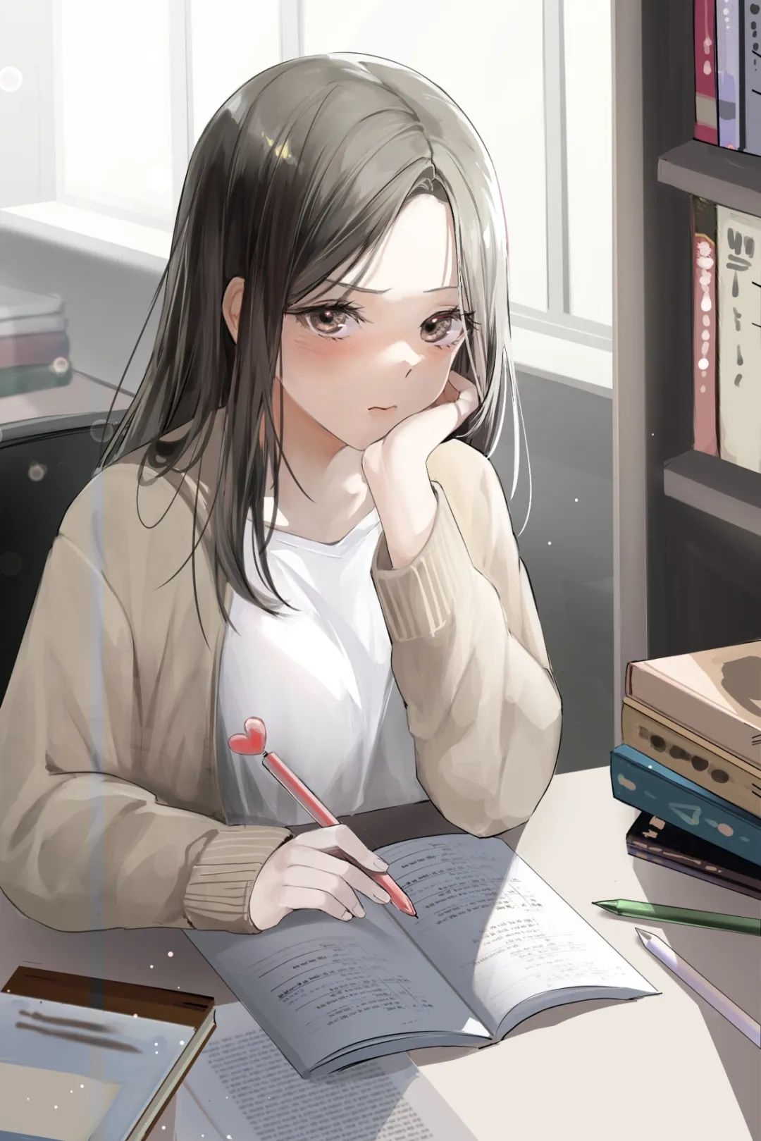 A young woman studying at a desk with books HD Phone Wallpaper