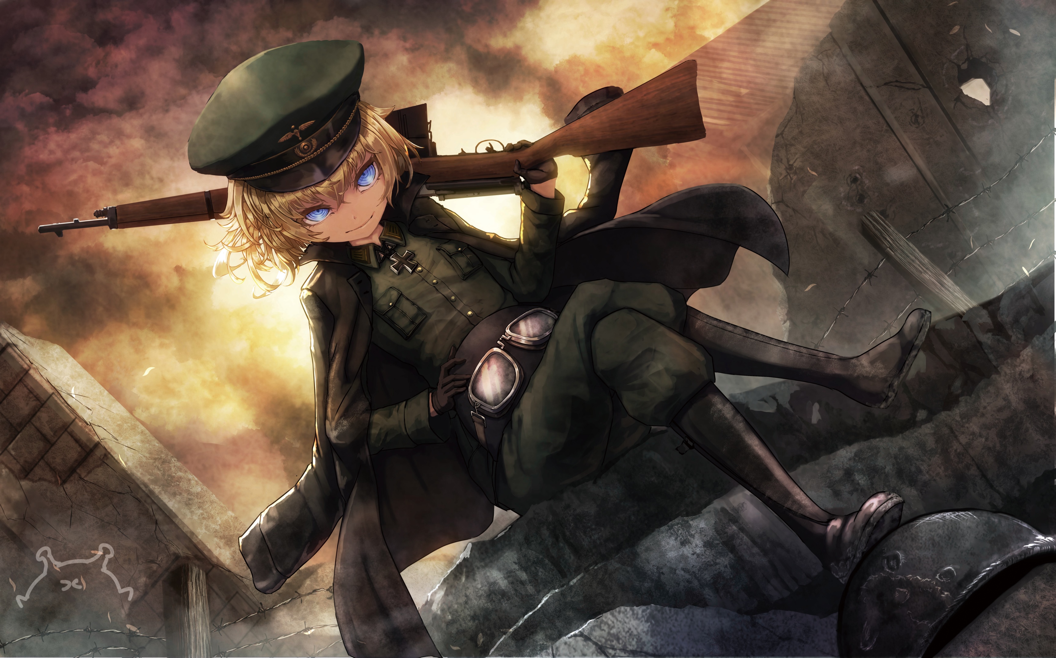 Tanya Degurechaff with a rifle in a war-torn setting HD Wallpaper